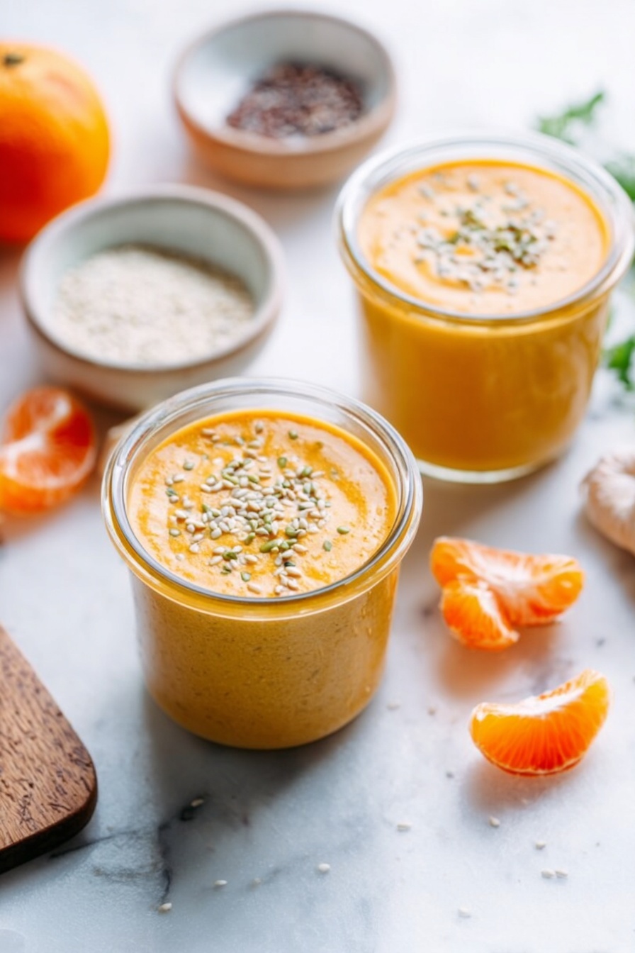 The image shows two small clear glass jars filled with a thick, creamy orange soup topped with light seeds. The soup has a smooth texture and a vibrant orange color. Around the jars, there are small pieces of peeled tangerine and a couple of small bowls containing white and dark seeds, all placed on a white marbled surface. The scene is bright with soft, natural light creating fresh and inviting feelings. Photo taken with an iphone --ar 2:3 --v 7 - Citrus Carrot Ginger Smoothie, healthy orange carrot smoothie, immune-boosting fruit smoothie, easy breakfast green smoothie, fresh ginger carrot drink