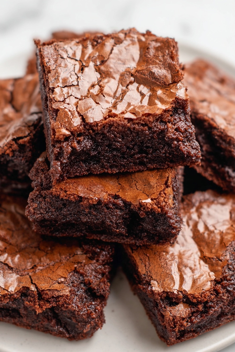 A close-up view of several chocolate brownies stacked on a white plate, each piece showing a cracked, shiny top layer with rich, dark brown color and a dense, slightly textured inside layer beneath. The brownies have irregular edges and a soft, moist look to the inner part, with the top layer featuring a crinkled, delicate surface cracking in places. The plate sits on a white marbled surface. photo taken with an iphone --ar 2:3 --v 7 - Fudgy Almond Flour Brownies, gluten-free brownies, healthy chocolate dessert, easy almond flour brownies, decadent low-carb treats