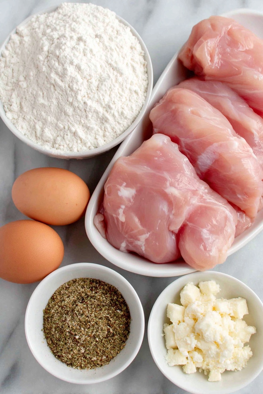 Flat lay of fresh raw chicken tenderloins arranged neatly, a small white bowl of all-purpose flour, two whole uncracked brown eggs, a small white bowl of finely crushed saltine cracker crumbs, a small white bowl of mixed seasoning powder blending salt, black pepper, garlic powder, poultry seasoning, and crushed chicken bouillon cube, placed on a clean white marble surface, soft natural light, photo taken with an iPhone, professional food photography style, fresh ingredients, white ceramic bowls, no bottles, no duplicates, no utensils, no packaging --ar 2:3 --v 7 --p m7354615311229779997 - Saltine Crusted Chicken Tenders, Crispy Chicken Tenders with Saltines, Easy Saltine Chicken Tenders, Crunchy Chicken Recipe, Baked Saltine Chicken Tenders