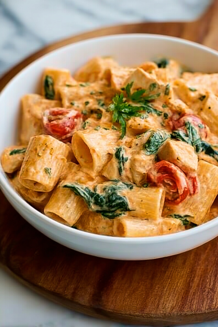 The dish is a white bowl filled with creamy rigatoni pasta. The rigatoni tubes are thick and coated in a smooth, light orange sauce. Mixed throughout are small, halved cherry tomatoes in bright red, wilted green spinach leaves, and pieces of light-colored chicken. The texture looks creamy with bits of fresh herbs sprinkled on top. The bowl is placed on a wooden board set on a white marbled surface. Photo taken with an iphone --ar 2:3 --v 7 - Creamy Tuscan Chicken Pasta, Tuscan Chicken Pasta recipe, creamy pasta with chicken and sun-dried tomatoes, easy Tuscan chicken pasta, healthy creamy chicken pasta