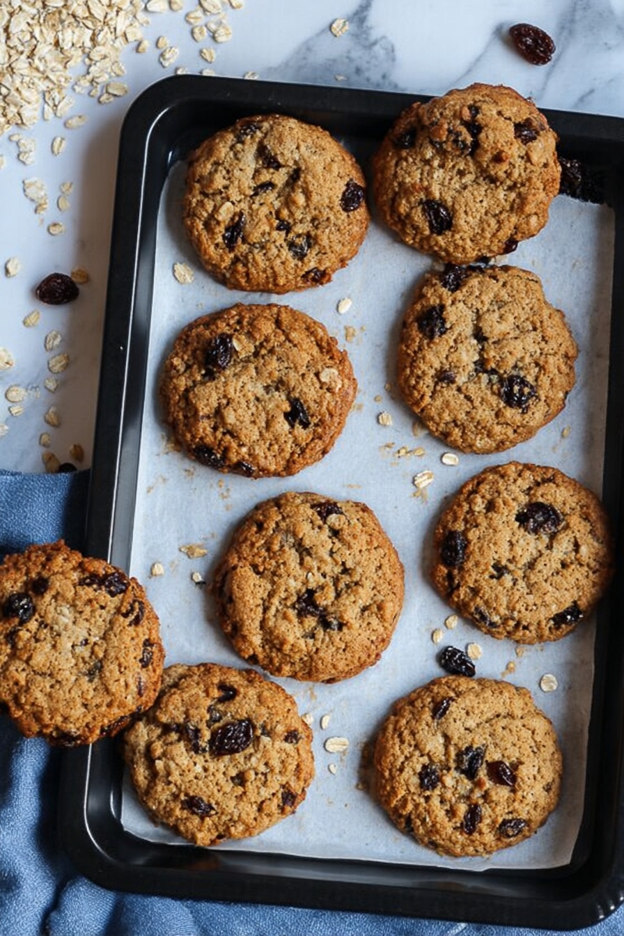 The image shows a black baking tray lined with white parchment paper holding nine round oatmeal raisin cookies. The cookies are golden brown on the edges with a slightly lighter, crumbly oat texture in the middle, dotted with dark raisins throughout. One cookie rests outside the tray on a white marbled surface near scattered oats and raisins. There is a blue cloth partially visible under the tray. The photo taken with an iphone --ar 2:3 --v 7 - Chewy Oatmeal Raisin Cookies, easy oatmeal raisin cookies, homemade chewy cookies, soft oatmeal cookies, raisin oatmeal cookie recipe