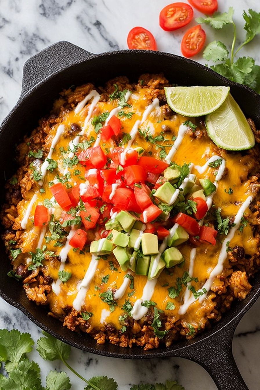 A black skillet filled with a layered dish appears on a white marbled surface. The base layer is a brown mixture with visible small chunks, likely seasoned rice and beans, evenly spread across the pan. On top of that is a thick layer of melted yellow cheese, slightly uneven in texture. White sauce is drizzled in diagonal lines across the cheese layer. Fresh, diced red tomatoes and vibrant green avocado chunks are scattered over the top along with some sprigs of fresh green cilantro. A bright lime wedge sits on the edge of the skillet. The background shows some cilantro pieces and tomato slices on the white marbled surface. photo taken with an iphone --ar 2:3 --v 7 - One Pot BBQ Chicken Rice, BBQ Chicken Rice Dinner, Easy One Pot Chicken Recipe, Quick Chicken and Rice Meal, Smoky BBQ Chicken Skillet