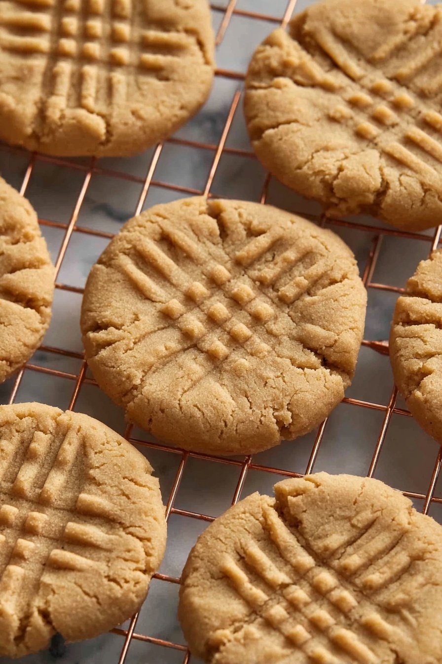 A close-up view of seven round peanut butter cookies with a light golden brown color, each having a textured pattern of crisscross fork marks on top. The cookies have a slightly cracked surface and soft, crumbly texture. They sit on a copper wire cooling rack that contrasts with the soft tones of the cookies, all placed over a white marbled surface. photo taken with an iphone --ar 2:3 --v 7 - Easy Peanut Butter Cookies, peanut butter cookies, simple cookie recipes, quick cookie ideas, homemade peanut butter treats
