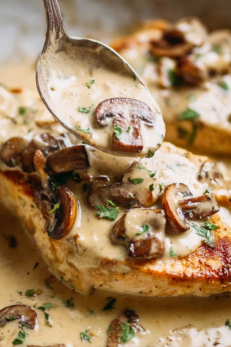A close-up view of a sliced cooked chicken piece on the bottom layer that is light golden brown with a crispy texture. On top is a thick creamy mushroom sauce that covers most of the chicken, with visible sliced brown mushrooms scattered throughout the sauce. Small green chopped herbs are sprinkled on the sauce, adding a touch of color. A spoon is shown scooping some of the mushroom sauce and mushrooms over the chicken. The background is a white marbled texture. Photo taken with an iphone --ar 2:3 --v 7 - Creamy Mushroom Chicken, Creamy Mushroom Chicken recipe, savory chicken with mushrooms, quick mushroom chicken, elegant chicken dinner