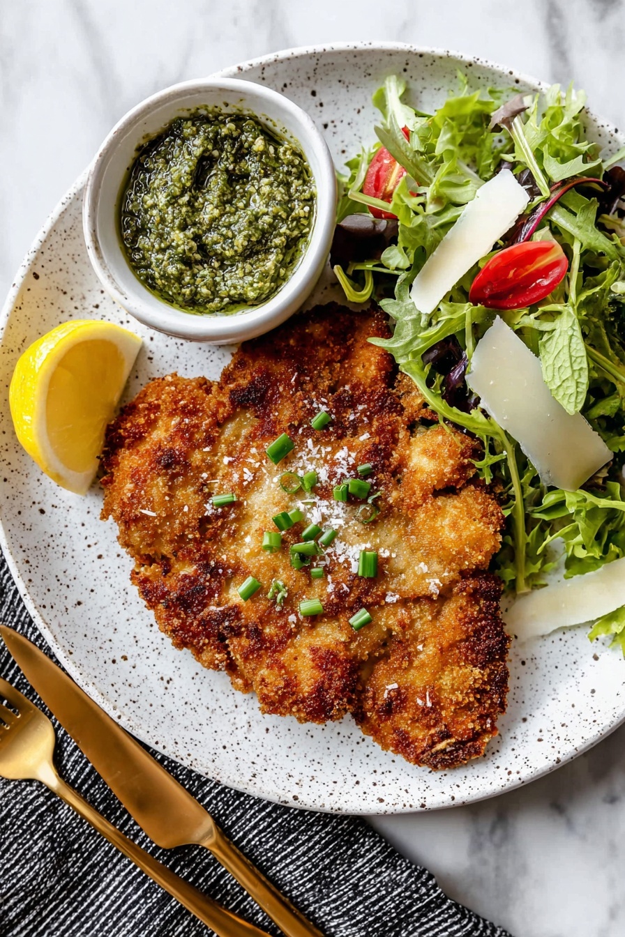 A white speckled plate holds a golden-brown, crispy breaded cutlet garnished with small green chive pieces and flakes of salt, placed in the center. On the top left side of the plate, a small white bowl contains a thick, green pesto sauce with a textured surface showing bits of nuts and herbs. To the right of the cutlet, there is a fresh mixed green salad with leafy greens, red tomato wedges, and thinly shaved pale cheese scattered on top. A half lemon wedge with visible seeds sits on the left side near the cutlet. A gold knife and fork rest on the left side of the plate on a white marbled surface, alongside a black and white striped napkin. photo taken with an iphone --ar 2:3 --v 7 - Crispy Parmesan Chicken Breasts, crispy chicken recipes, easy chicken dinner, baked chicken with parmesan, crunchy chicken breast ideas