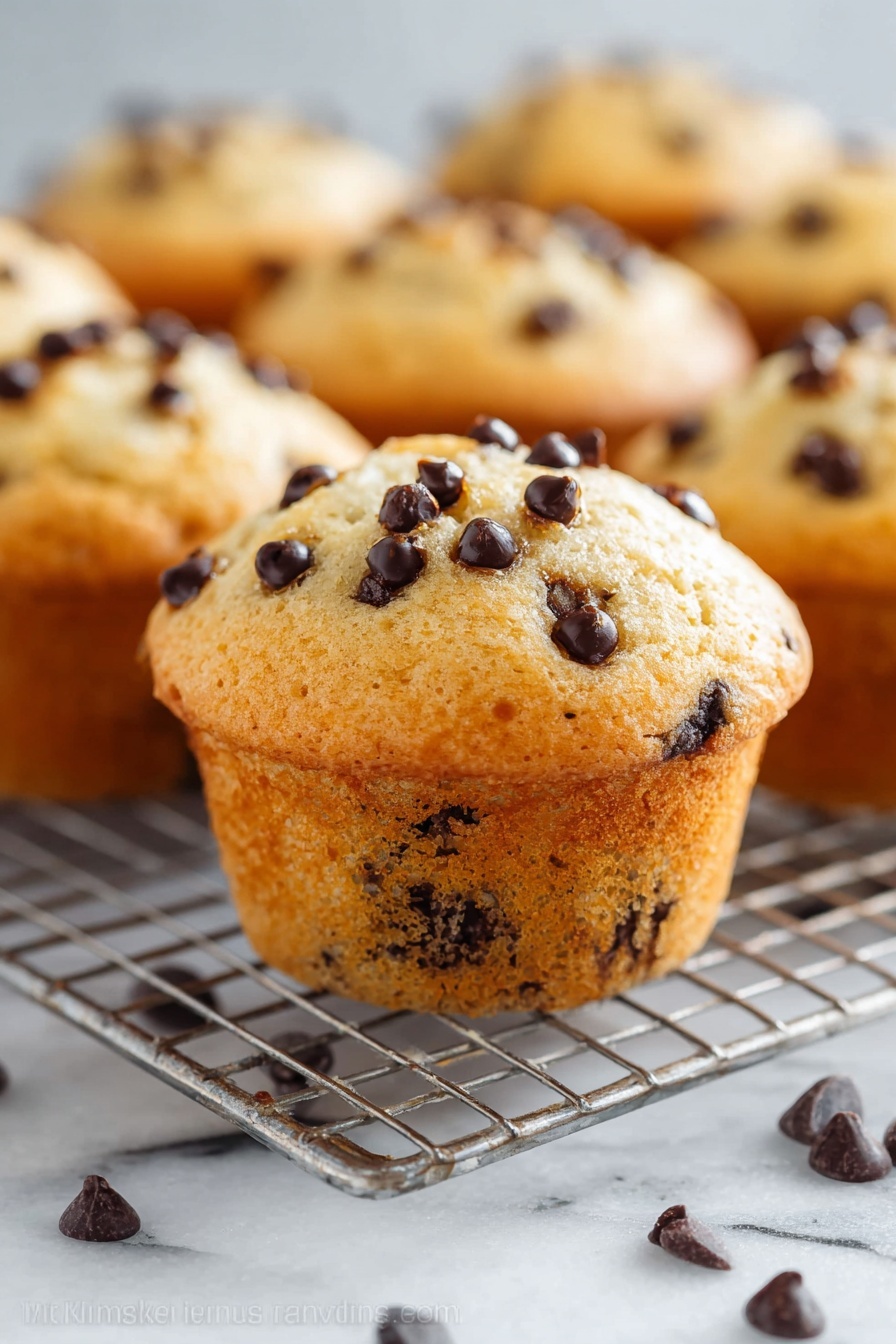 The image shows a close-up of several golden brown muffins with a soft, slightly rough top dotted with small, dark chocolate chips. Each muffin is thick and rounded on top, sitting on a metal cooling rack. The muffins are thick in the middle, and some chocolate chips are embedded in the sides too. There are extra chocolate chips scattered on the white marbled surface below the rack. The background is softly blurred but shows more muffins lined up similarly. Photo taken with an iphone --ar 2:3 --v 7 - Bakery-Style Chocolate Chip Muffins, easy chocolate chip muffin recipe, soft bakery-style muffins, tall domed muffins, homemade chocolate chip muffins