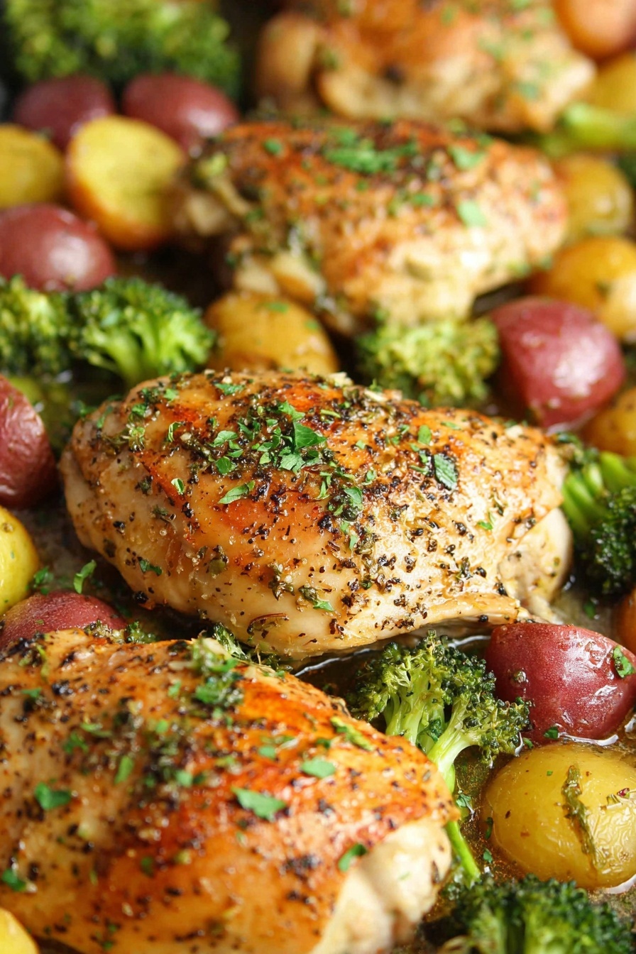 The image shows a close-up of a baked dish with three large, golden-brown chicken pieces that are seasoned with black pepper, garlic, and chopped green herbs on top. Around the chicken, there are small green broccoli clusters and halved baby red and yellow potatoes with some light seasoning. The food is arranged closely together on a flat surface with a shiny, slightly oily texture hinting at it being roasted or baked. Photo taken with an iphone --ar 2:3 --v 7 - Honey Garlic Chicken and Veggie Bake, honey garlic chicken bake, one-pan chicken dinner, easy healthy chicken recipes, baked chicken with vegetables