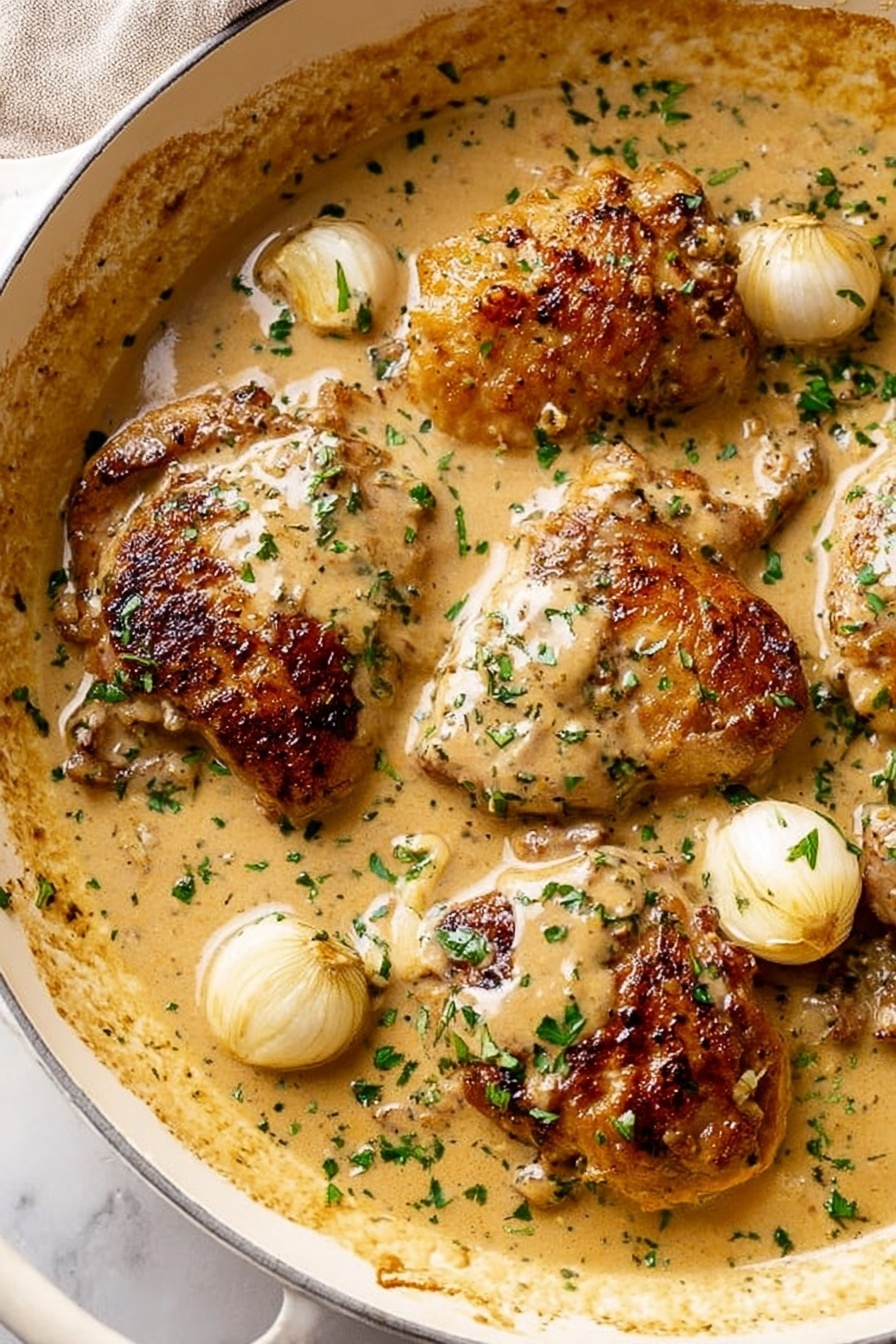 This dish shows four pieces of browned chicken covered in a thick, creamy light brown sauce with visible green herbs mixed in. Around the chicken, there are small whole garlic cloves that are slightly shiny from the sauce. The chicken and sauce fill most of a white round pan, and the surface underneath is a white marbled texture. The edges of the pan show some sauce splashes, and the chicken pieces have a rough texture with browned spots. Photo taken with an iphone --ar 2:3 --v 7 - Creamy Garlic Chicken Skillet, chicken skillet recipes, garlic chicken dinner, easy creamy chicken, one-pan chicken recipe