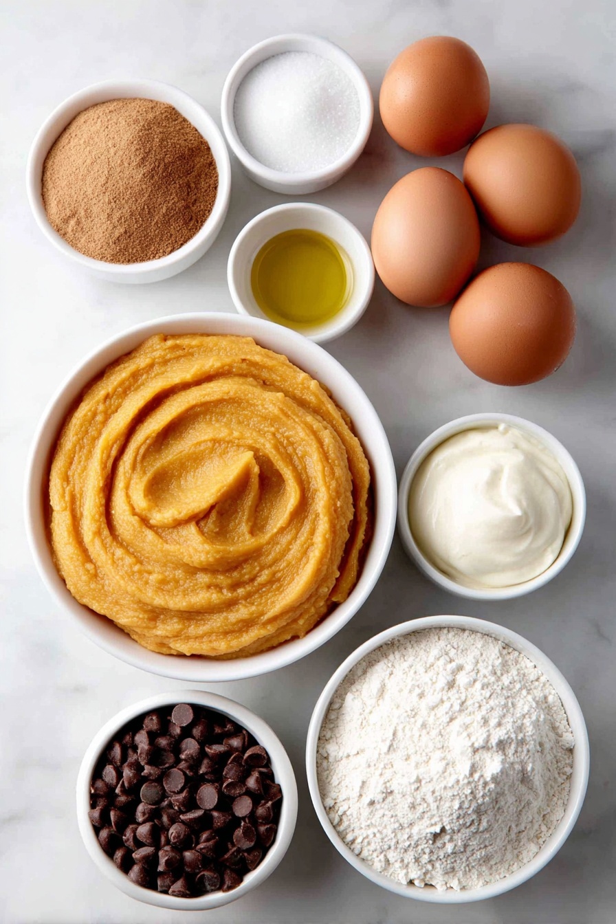 Flat lay of a small white ceramic bowl filled with smooth bright orange pumpkin puree, a small white bowl of granulated white sugar, a small white bowl holding light brown packed sugar, a small white bowl containing golden vegetable oil, two whole uncracked brown eggs, a small white bowl with creamy white sour cream, a small white bowl with fine all-purpose flour, a small white bowl of shiny semisweet chocolate chips, and a small white bowl of warm brown pumpkin pie spice, all arranged in perfect symmetry with balanced proportions, placed on a clean white marble surface, soft natural light, photo taken with an iPhone, professional food photography style, fresh ingredients, white ceramic bowls, no bottles, no duplicates, no utensils, no packaging --ar 2:3 --v 7 --p m7354615311229779997 - Pumpkin Chocolate Chip Muffins, moist pumpkin muffins, fall breakfast recipes, easy pumpkin muffin recipe, chocolate chip muffin ideas