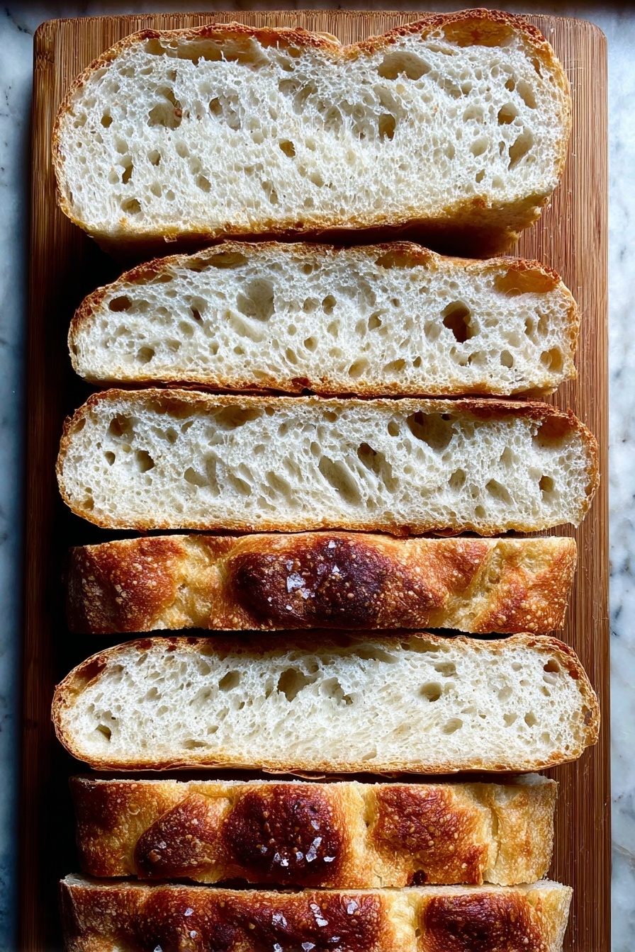 The image shows a loaf of bread sliced into seven thick pieces, laid out vertically on a wooden board. The bread has a golden brown crust with a slightly rough texture. Each slice reveals a soft, airy interior with many uneven holes of different sizes scattered throughout the white crumb. The top piece shows the browned, crispy crust with a few grains of coarse salt on its surface. The wooden board underneath the bread adds a natural warm tone but the background is changed to a white marbled texture. Photo taken with an iphone --ar 2:3 --v 7 - Easy No-Knead Focaccia Bread, homemade focaccia, no-knead bread recipe, airy focaccia, easy bread for beginners