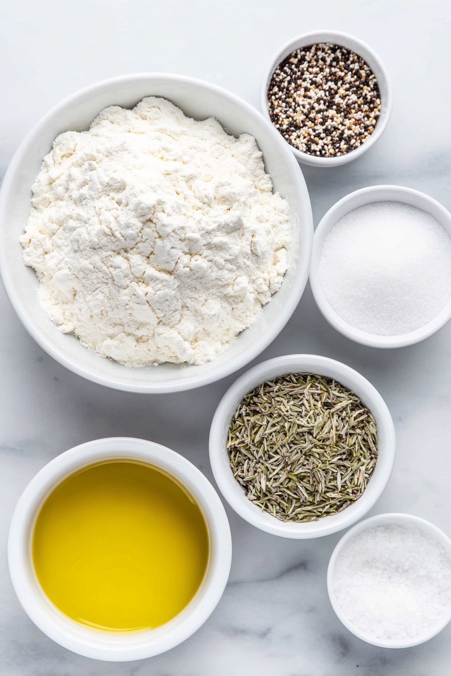 Flat lay of a simple white ceramic bowl filled with smooth white all-purpose flour, a small white bowl containing sparkling granulated sugar, a small white bowl heaped with a colorful blend of Everything Bagel seasoning seeds and herbs, a tiny white bowl with fine sea salt crystals, a small white bowl holding glossy golden olive oil, and another small white bowl with warm clear water, all ingredients fresh and natural, arranged symmetrically with perfect proportions, placed on a clean white marble surface, soft natural light, photo taken with an iPhone, professional food photography style, fresh ingredients, white ceramic bowls, no bottles, no duplicates, no utensils, no packaging --ar 2:3 --v 7 --p m7354615311229779997 - Homemade Bagel Seasoned Crackers, savory bagel crackers, homemade snack recipes, crunchy bagel crackers, homemade savory crackers
