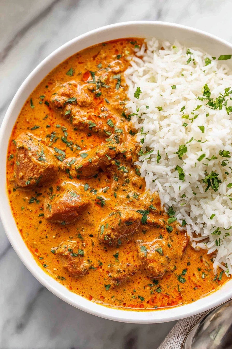 A white bowl filled with two main layers: on the left, thick, creamy orange curry sauce with visible chunks of meat mixed in, sprinkled with small green herb pieces; on the right, a neat layer of white rice with some chopped green herbs on top; the bowl sits on a white marbled surface, and a small part of a silver spoon is visible at the bottom right corner, photo taken with an iphone --ar 2:3 --v 7 - Stuffed Pepper Skillet, quick stuffed pepper dinner, one-pan stuffed pepper meal, easy stuffed pepper recipe, healthy skillet dinner
