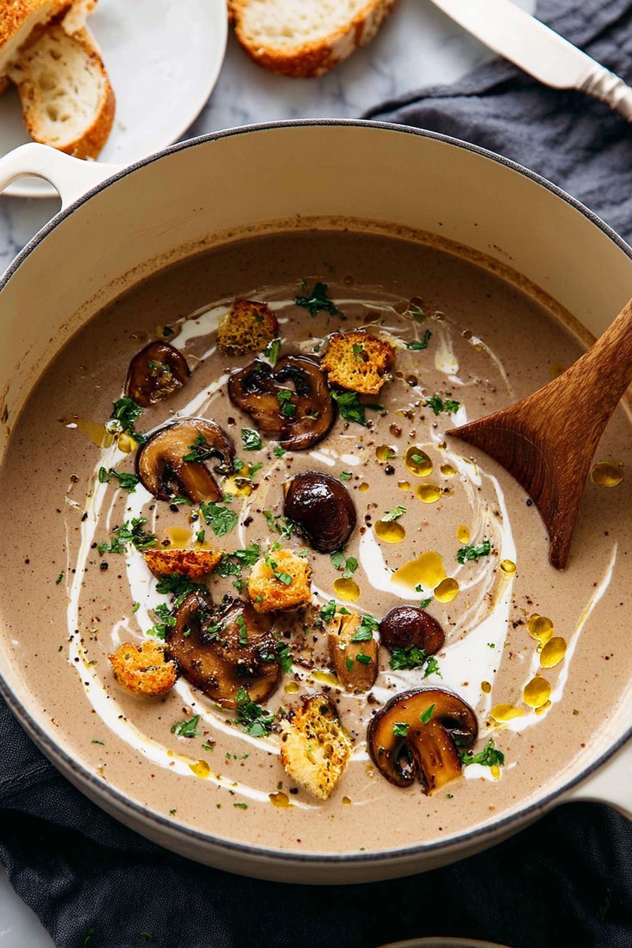 A white pot filled with creamy light brown mushroom soup topped with small dark brown sliced mushrooms, golden brown croutons, and bright green herb leaves scattered evenly on the surface. There are swirls of white cream and small drops of golden oil floating on top. A wooden spoon is resting inside the pot, partially covered by the soup. The pot sits on a dark cloth over a white marbled surface, and in the background, part of a white plate with a slice of bread and a butter knife is visible. Photo taken with an iphone --ar 2:3 --v 7 - Creamy Mushroom Soup, mushroom soup recipe, easy mushroom soup, hearty mushroom soup, homemade mushroom soup