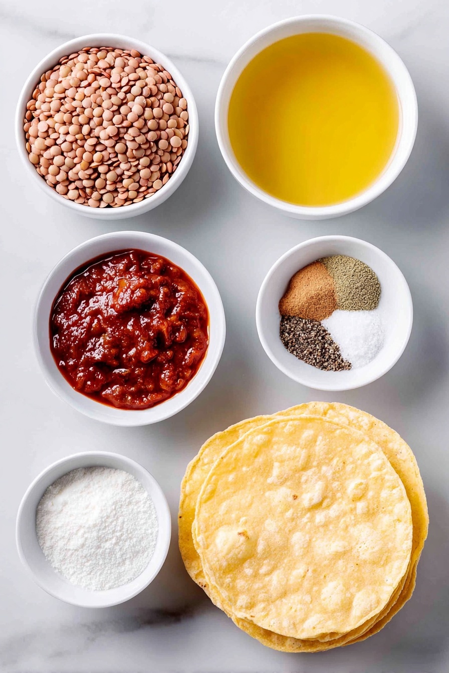 Flat lay of a small pile of dried brown lentils, a few loose chili pods next to a small white ceramic bowl of bright red chunky salsa, simple white ceramic bowls each containing ground cumin, coarse black pepper, smoked paprika, garlic powder, onion powder, and salt, a small white ceramic bowl filled with golden vegetable broth, a neat stack of soft taco shells with a slight golden hue, all ingredients arranged in perfect symmetry on a clean white marble surface, soft natural light, photo taken with an iPhone, professional food photography style, fresh ingredients, white ceramic bowls, no bottles, no duplicates, no utensils, no packaging --ar 2:3 --v 7 --p m7354615311229779997 - Instant Pot Lentil Tacos, Lentil Tacos, Easy Instant Pot Dinner, Vegetarian Tacos, Healthy Taco Recipes