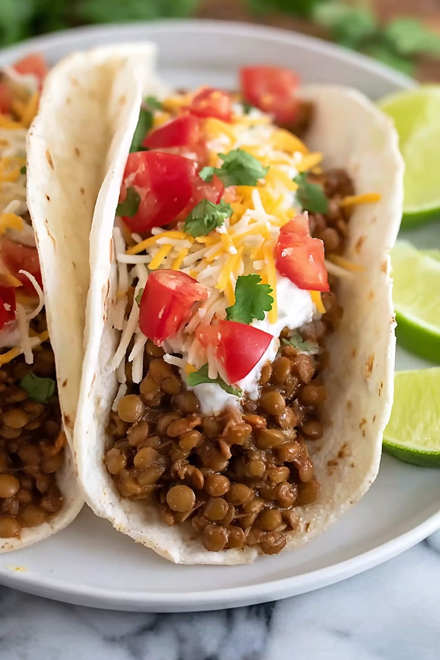 A close-up of a taco held by a woman's hand, showing three main layers inside a soft white tortilla: the bottom layer is cooked beans in a brownish color with some sauce, the middle layer is a dollop of white sour cream with a creamy texture, and the top layer has shredded yellow cheese and small pieces of red tomatoes with green cilantro leaves. In the blurred background, more similar tacos are visible on a white marbled surface. The photo taken with an iphone --ar 2:3 --v 7 - Instant Pot Lentil Tacos, Lentil Tacos, Easy Instant Pot Dinner, Vegetarian Tacos, Healthy Taco Recipes