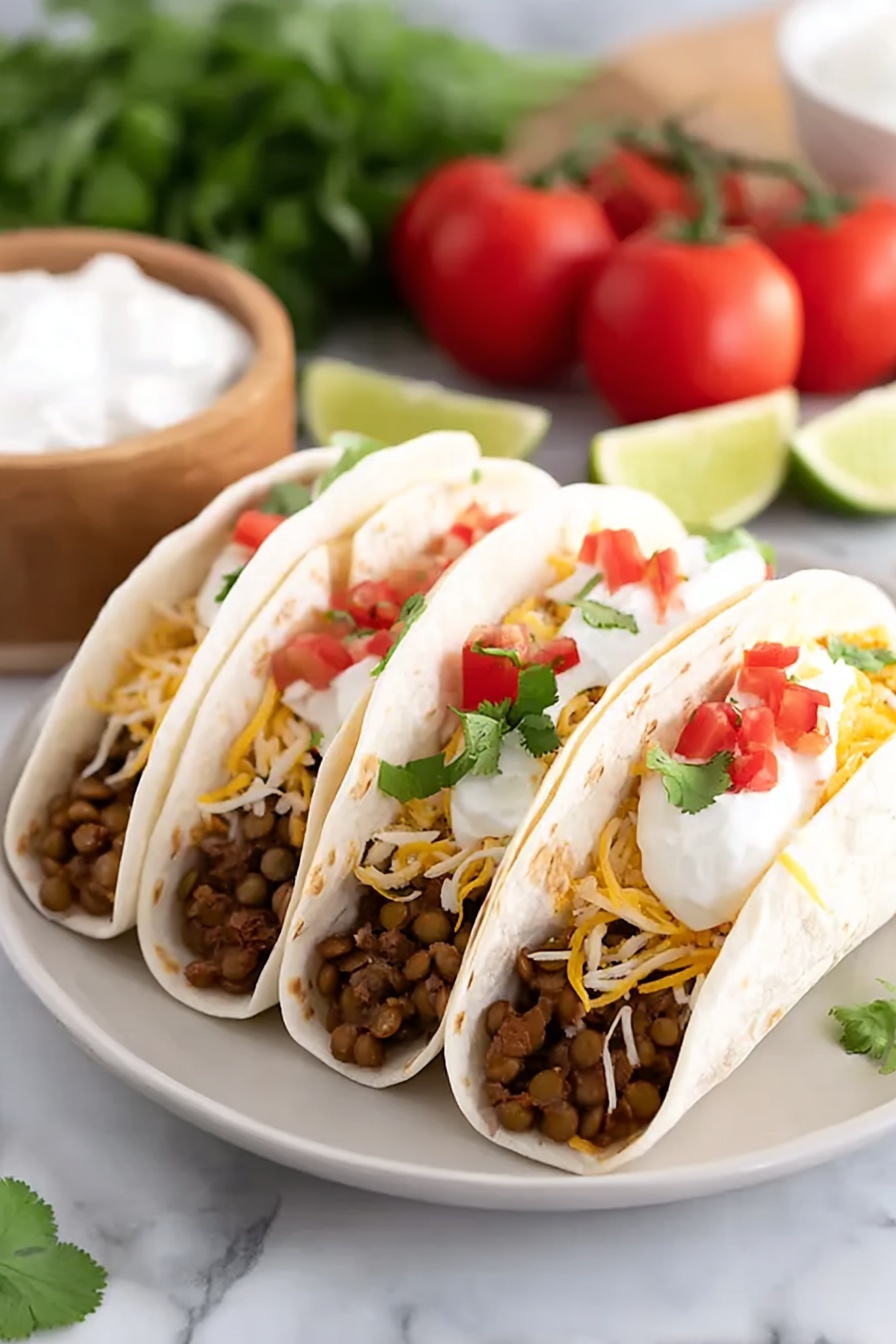 The image shows three soft white tortillas standing upright on a white plate, each filled with a base layer of brown lentils mixed with small bits of vegetables. On top of the lentils is a layer of shredded yellow and white cheese, followed by a dollop of white sour cream. There are small pieces of red diced tomatoes and green cilantro leaves scattered over the sour cream. In the background, there are some bright red tomatoes on the vine, fresh green cilantro, a wooden bowl filled with white sour cream, and lime wedges on a white marbled surface. Photo taken with an iphone --ar 2:3 --v 7 - Instant Pot Lentil Tacos, Lentil Tacos, Easy Instant Pot Dinner, Vegetarian Tacos, Healthy Taco Recipes