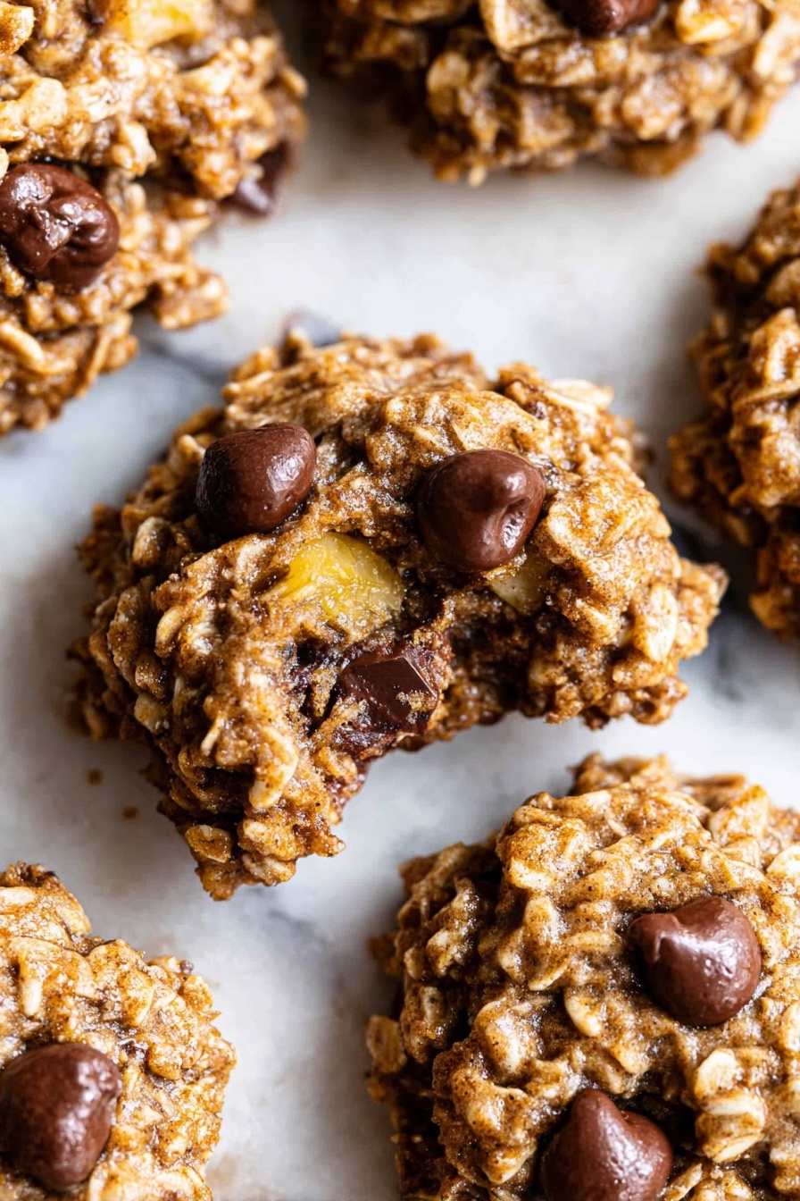 The image shows several oatmeal cookies with chocolate chips on a white marbled surface. Each cookie has a rough, chunky texture with visible oats and dark brown chocolate chips scattered throughout. One cookie is broken in half, revealing its soft, slightly moist inside with melted chocolate pieces. The cookies are light brown with some golden yellow from small bits of banana or similar fruit inside. The focus is close up, highlighting the crumbly and dense nature of the cookies. Photo taken with an iphone --ar 2:3 --v 7 - Banana Oatmeal Cookies, healthy banana cookies, easy oatmeal cookies, gluten-free banana treats, soft cinnamon cookies
