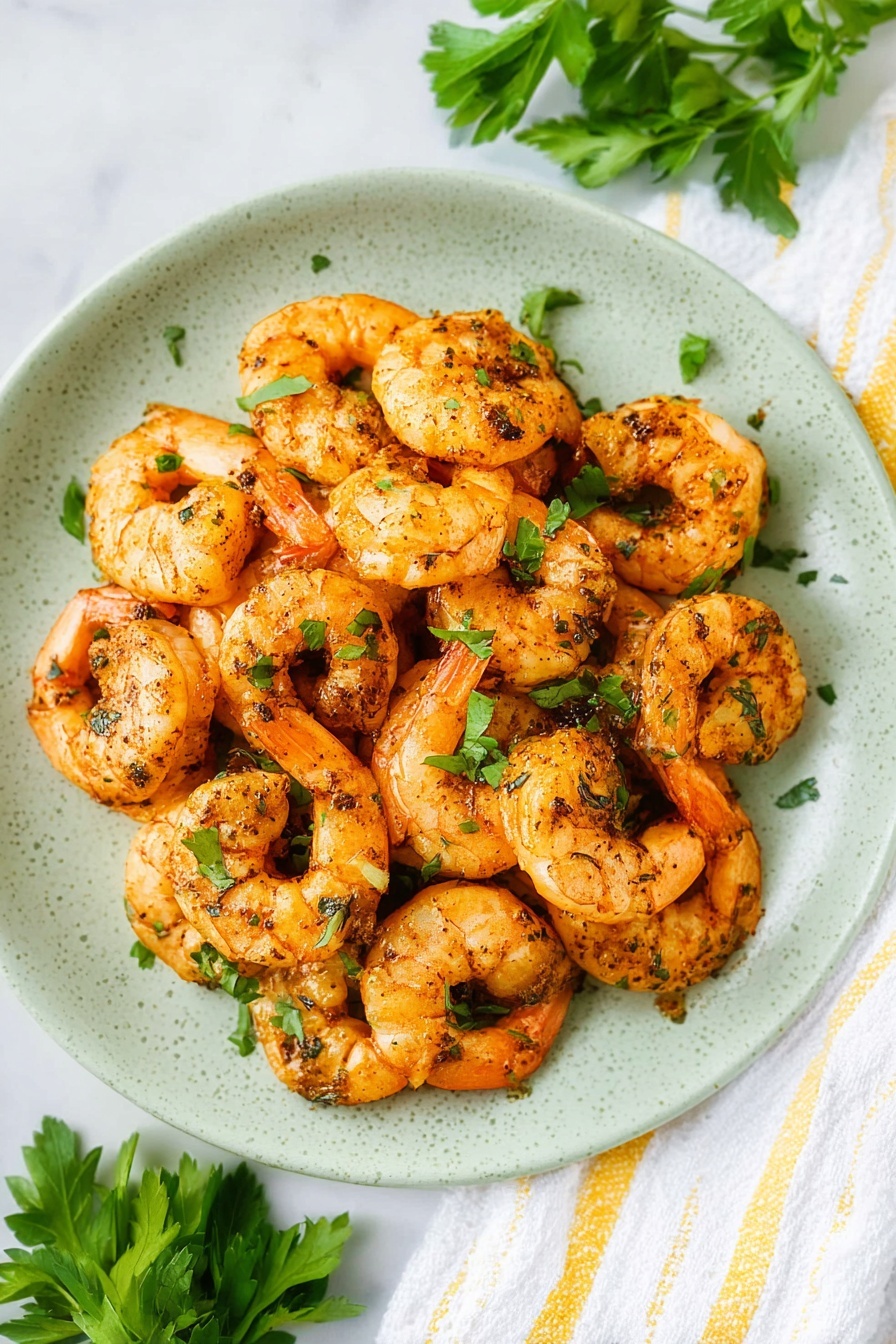 A light green plate holds one layer of cooked shrimp seasoned with herbs and spices, giving them a golden-orange color with dark specks. The shrimp are curled and arranged closely, with some small bright green cilantro leaves scattered on and around them. The plate sits on a white marbled surface with a white cloth featuring yellow stripes on the left and fresh green parsley leaves placed at the top right and bottom left corners. photo taken with an iphone --ar 2:3 --v 7 - Air Fryer Shrimp, healthy shrimp recipes, quick seafood dinner, crispy shrimp, easy air fryer recipes