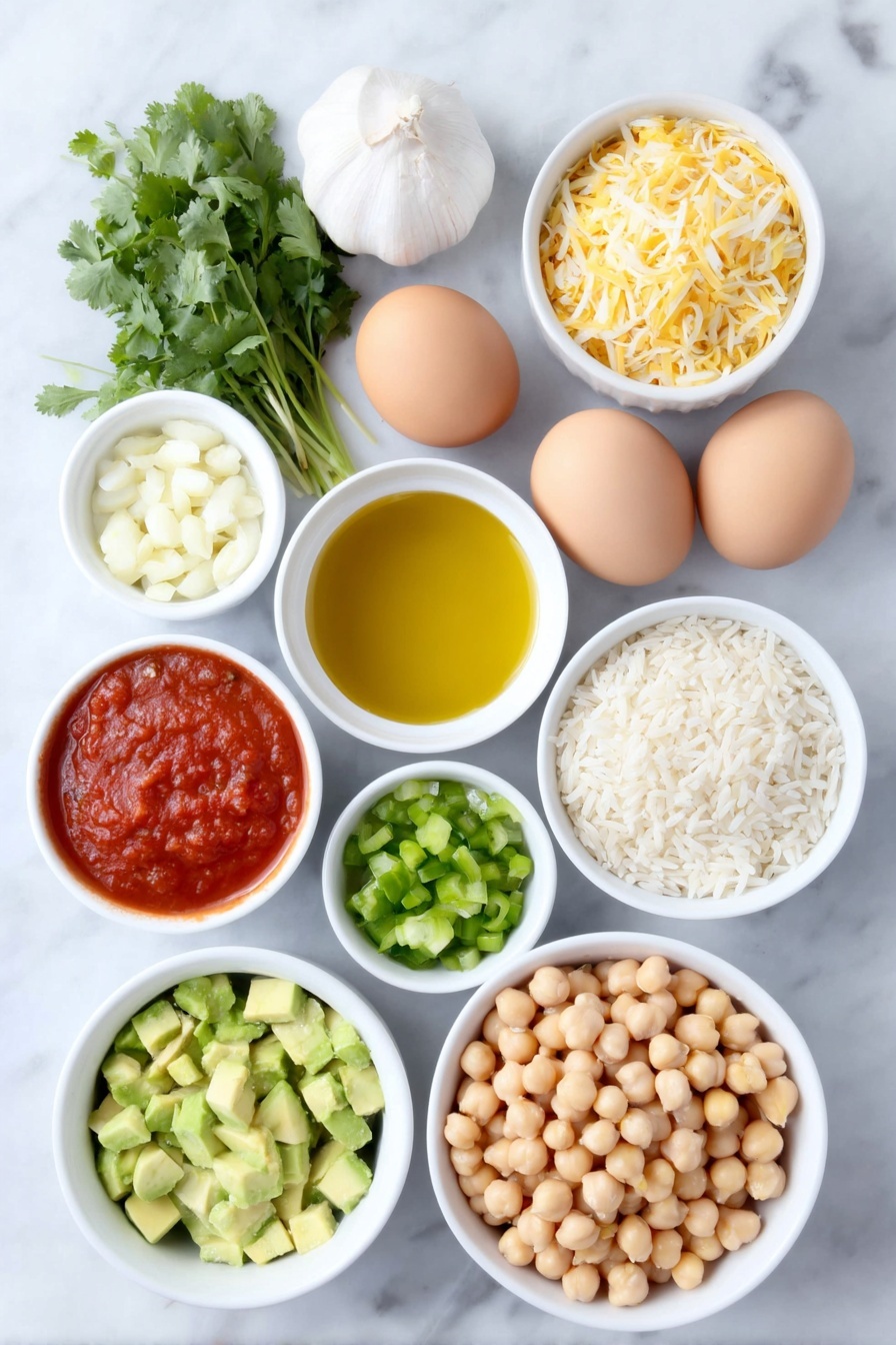 Flat lay of a small white ceramic bowl of glossy golden olive oil, a few sprigs of bright green cilantro, a small white ceramic bowl of smooth red tomato sauce, two whole uncracked brown eggs, a few cloves of fresh creamy white garlic, finely diced yellow onion, finely diced vibrant green bell pepper, a small white ceramic bowl filled with golden beige chickpeas, a small white ceramic bowl with green pigeon peas still in light broth, a small white ceramic bowl of pure white basmati rice, thin slices of ripe green avocado, and a few golden crispy tostones, all arranged with perfect symmetry on a clean white marble surface, soft natural light, photo taken with an iPhone, professional food photography style, fresh ingredients, white ceramic bowls, no bottles, no duplicates, no utensils, no packaging --ar 2:3 --v 7 --p m7354615311229779997 - Puerto Rican Chickpeas with Sofrito and Rice, Puerto Rican chickpeas recipe, Sofrito and rice dish, Caribbean chickpeas, Puerto Rican vegan dinner