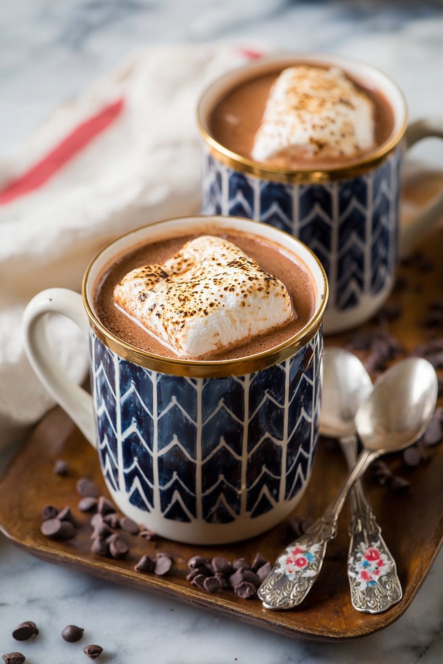 There are two mugs filled with light brown hot chocolate, each topped with a large, white toasted marshmallow showing golden brown spots. The mugs have white bases with dark blue zigzag and vertical line patterns, with gold-colored rims. The mugs sit on a brown wooden tray, with scattered chocolate chips around. Two silver spoons with floral patterns on their handles rest beside the mugs on the tray. In the background, a white cloth with a red stripe is placed on a white marbled surface. Photo taken with an iphone --ar 2:3 --v 7 - Healthy Hot Chocolate, healthy hot chocolate recipe, nutritious hot cocoa, guilt-free hot chocolate, easy healthy hot chocolate