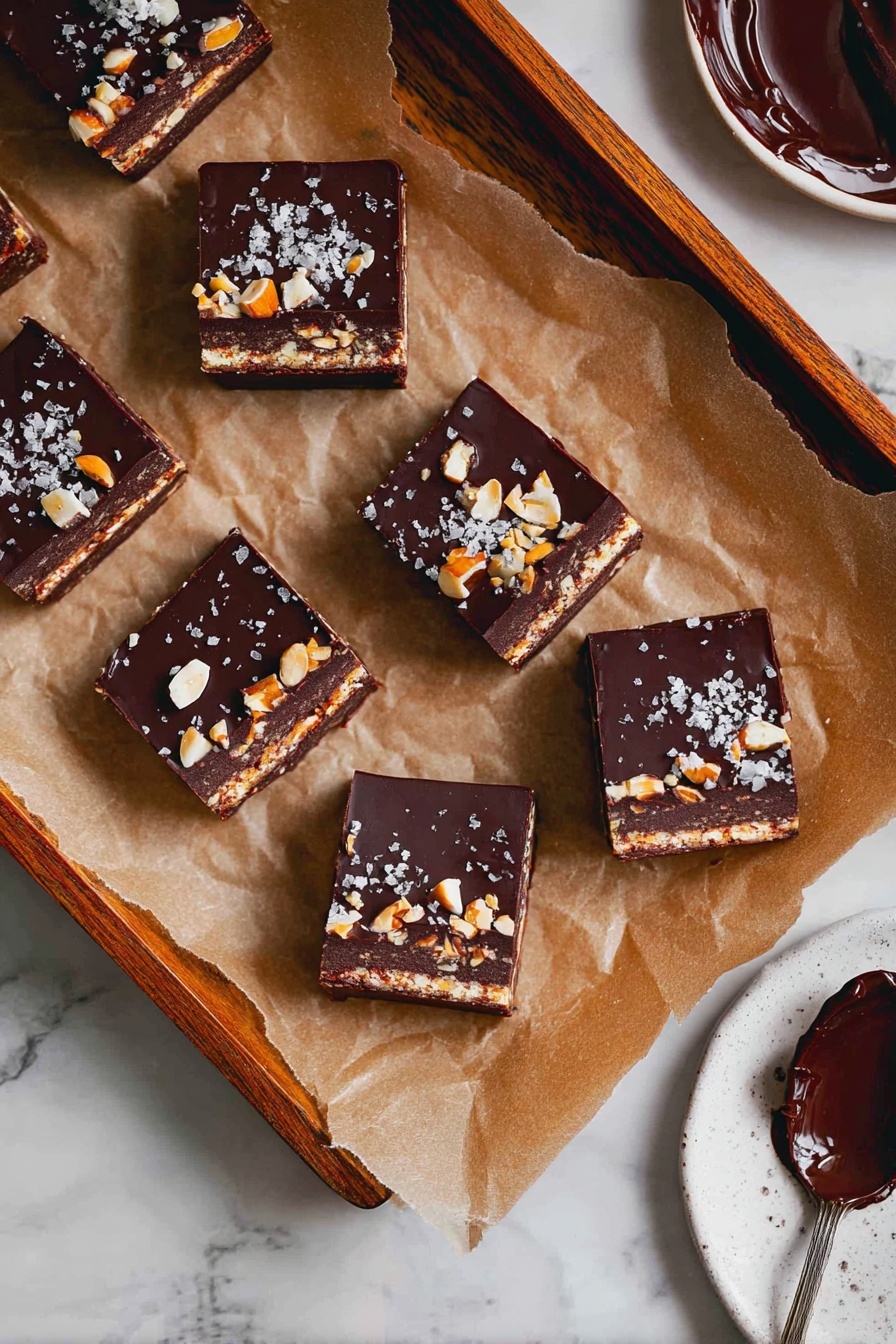 There are eight square pieces of chocolate dessert arranged on brown parchment paper over a wooden tray. Each piece has three visible layers: a dark chocolate top layer with scattered white and orange nut pieces, a thin middle layer with small nut bits, and a bottom darker brown base layer. The chocolate pieces are sprinkled with a few grains of sea salt. To the right, there is a white plate partly visible and a spoon smeared with melted dark chocolate resting beside it. The scene is set on a white marbled surface. Photo taken with an iphone --ar 2:3 --v 7 - No Bake Superfood Brownie Bites, healthy no bake snacks, vegan brownie bites, easy no bake dessert, nutritious energy bites