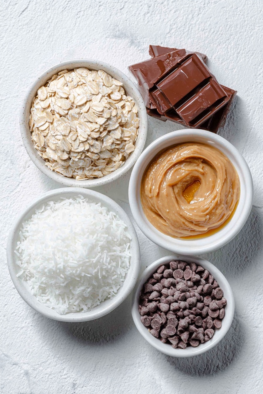 Flat lay of creamy peanut butter in a small white ceramic bowl, golden honey in a small white ceramic bowl, a neat pile of old fashioned rolled oats, a small mound of shredded coconut, a small white ceramic bowl filled with mini chocolate chips, a small white ceramic bowl with melted chocolate, all arranged symmetrically on a clean white marble surface, soft natural light, photo taken with an iPhone, professional food photography style, fresh ingredients, white ceramic bowls, no bottles, no duplicates, no utensils, no packaging --ar 2:3 --v 7 --p m7354615311229779997 - No Bake Peanut Butter Granola Bars, healthy no bake snacks, easy oatmeal bars, homemade granola bars, peanut butter snack ideas