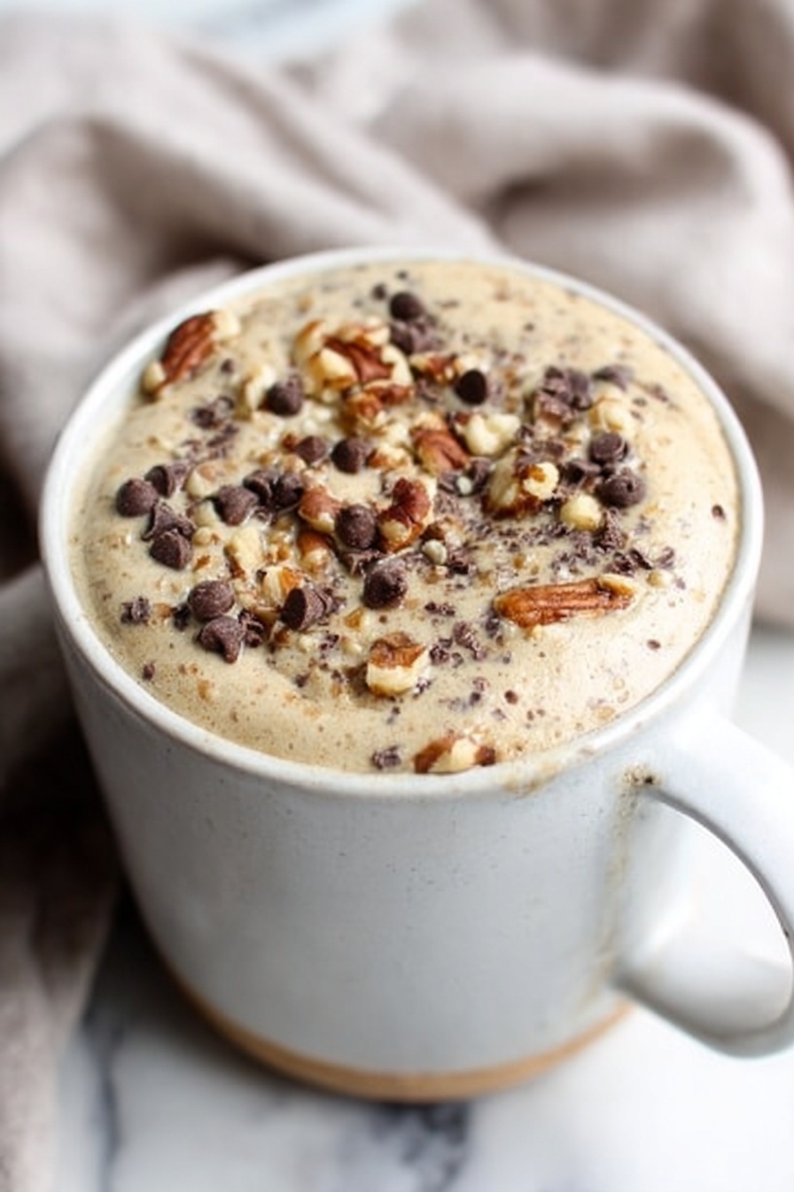 A close-up of a thick mug full of creamy, light beige batter with small chocolate chips and chopped nuts sprinkled on top in an uneven pattern. The mug is white with a smooth finish and sits on a white marbled surface. The background shows a soft, blurred cloth with gentle folds, adding a cozy feel. photo taken with an iphone --ar 2:3 --v 7 - Vegan Banana Mug Cake, healthy vegan mug cake, quick banana mug cake, plant-based microwave cake, easy vegan dessert