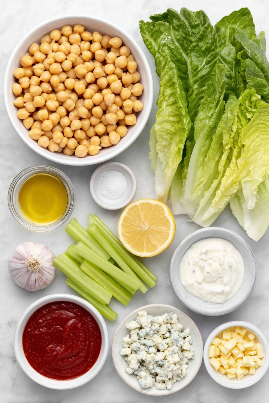 Flat lay of a small white ceramic bowl of drained chickpeas, a whole garlic clove, a small white bowl of olive oil, a small white bowl of kosher salt, a simple pile of diced bright orange carrot cubes, a small pile of diced pale green celery stalks, fresh celery leaves arranged neatly, a small white bowl filled with vibrant red hot sauce, a small white bowl of creamy plain Greek yogurt, a small white bowl containing pale yellow lemon juice, a small white bowl with smooth beige tahini, crumbled blue cheese scattered naturally, and fresh green romaine lettuce leaves, all placed on a clean white marble surface, soft natural light, photo taken with an iPhone, professional food photography style, fresh ingredients, white ceramic bowls, no bottles, no duplicates, no utensils, no packaging --ar 2:3 --v 7 --p m7354615311229779997 - Buffalo Chickpea Salad, spicy vegan salad, quick vegetarian lunch, healthy chickpea salad, buffalo wing inspired salad