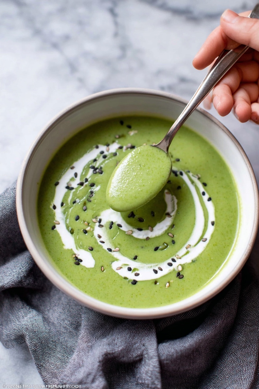 A white bowl filled with smooth green soup topped with white cream swirled in a circle and small black seeds scattered inside the cream design. A woman's hand holding a silver spoon lifts some of the thick green soup just above the bowl. The bowl sits on a white marbled surface with a gray cloth partially visible underneath. The soup has a rich, velvety texture with even color and gentle light reflections. Photo taken with an iphone --ar 2:3 --v 7 - Creamy Broccoli Soup with Smoked Gouda, broccoli soup recipe, smoky vegetable soup, easy broccoli and Gouda soup, comforting fall soup