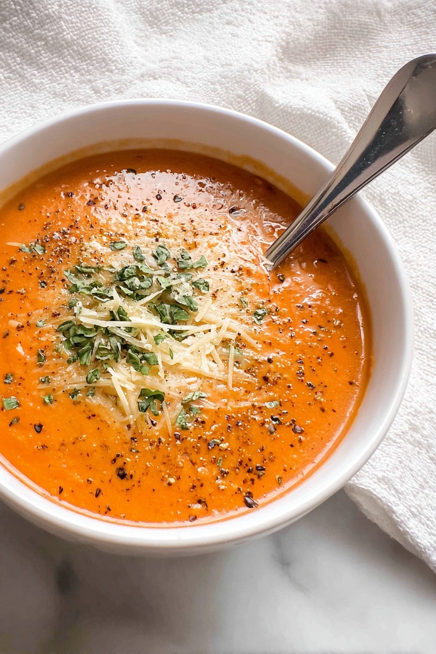 A white bowl filled with bright orange creamy soup is topped in the center with a light layer of finely grated pale yellow cheese and sprinkled with small pieces of dark green chopped herbs. Black pepper specks are scattered gently over the top. A shiny silver spoon rests inside the bowl on the right side, touching the soup's surface. The bowl sits on a white marbled surface with a soft textured white fabric in the background. Photo taken with an iphone --ar 2:3 --v 7 - Creamy Tomato Basil Soup with Parmesan, Easy Tomato Basil Soup, Homemade Tomato Basil Soup, Comforting Soup Recipes, Delicious Tomato Basil Soup