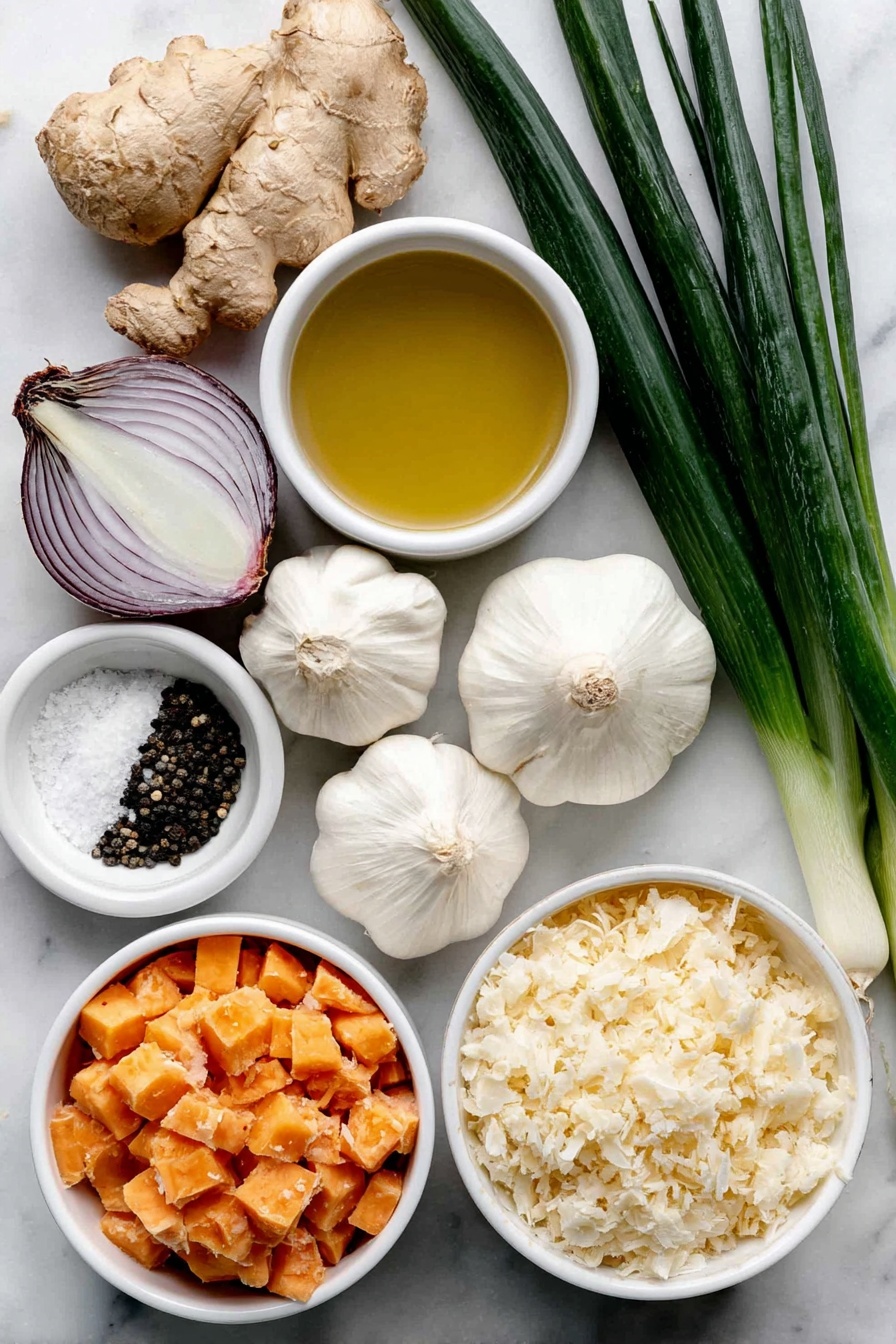Flat lay of a small mound of golden coconut oil, a halved sweet onion with crisp white and purple layers, two whole garlic cloves with smooth papery skins, a small mound of finely grated fresh ginger root with pale yellow fibrous texture, a tiny pile of coarse salt crystals, a small heap of freshly cracked black pepper, a neat pile of vibrant orange peeled sweet potato cubes, a small white ceramic bowl filled with clear vegetable stock, a small white ceramic bowl holding creamy white coconut milk, two fresh green onions with vibrant green tops and white bulbs, and a small white ceramic bowl containing pale beige hemp hearts, all arranged symmetrically on a clean white marble surface, soft natural light, photo taken with an iPhone, professional food photography style, fresh ingredients, white ceramic bowls, no bottles, no duplicates, no utensils, no packaging --ar 2:3 --v 7 --p m7354615311229779997 - Ginger Sweet Potato Soup, healthy sweet potato soup, cozy ginger soup, vegan sweet potato soup, velvety sweet potato soup