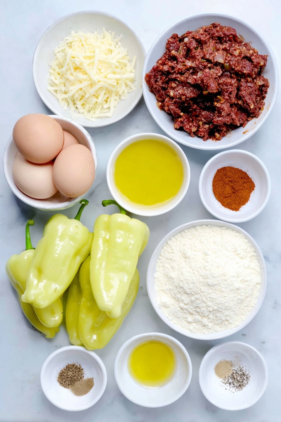 Flat lay of one small diced onion, three peeled garlic cloves, two peeled chipotle peppers, a small mound of smoky shredded brisket, a small pile of shredded pepper jack cheese, eight fresh large poblano peppers, a small heap of all-purpose flour, eight whole uncracked brown eggs with clean shells, a small white bowl of golden olive oil, a small white bowl containing dried oregano, a small white bowl with smoked paprika powder, a small white bowl with ground cumin, a small white bowl with black pepper, a small white bowl with sea salt, a small white bowl with lemon juice, all arranged in perfect symmetry on a clean white ceramic surface, placed on a clean white marble surface, soft natural light, photo taken with an iPhone, professional food photography style, fresh ingredients, white ceramic bowls, no bottles, no duplicates, no utensils, no packaging --ar 2:3 --v 7 --p m7354615311229779997 - Easy Chile Relleno with Smoked Brisket, smoked brisket stuffed peppers, cheesy poblano chili rellenos, flavorful smoked meat recipes, festive Mexican comfort food