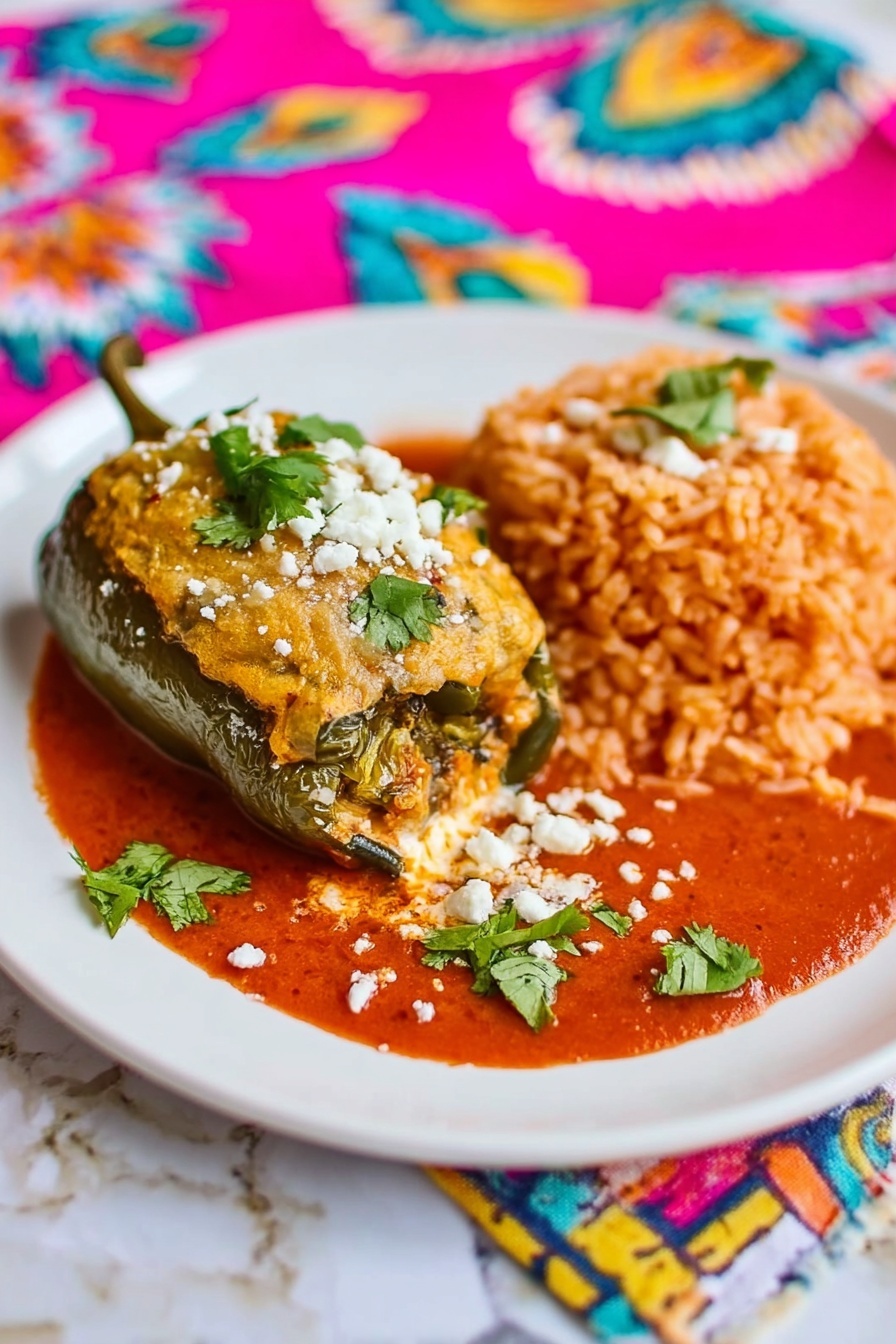 A white plate on a white marbled surface holds a stuffed green pepper wrapped in a golden-yellow light crispy layer with a few white crumb pieces sprinkled on top and fresh green cilantro leaves for garnish. The pepper sits on a bright red chunky tomato sauce spread across the plate. Next to it is a serving of reddish-orange rice with small bits of white cheese mixed in and more cilantro leaves decorating the rice. The background shows a colorful cloth with pink, yellow, blue, and green patterns. photo taken with an iphone --ar 2:3 --v 7 - Easy Chile Relleno with Smoked Brisket, smoked brisket stuffed peppers, cheesy poblano chili rellenos, flavorful smoked meat recipes, festive Mexican comfort food