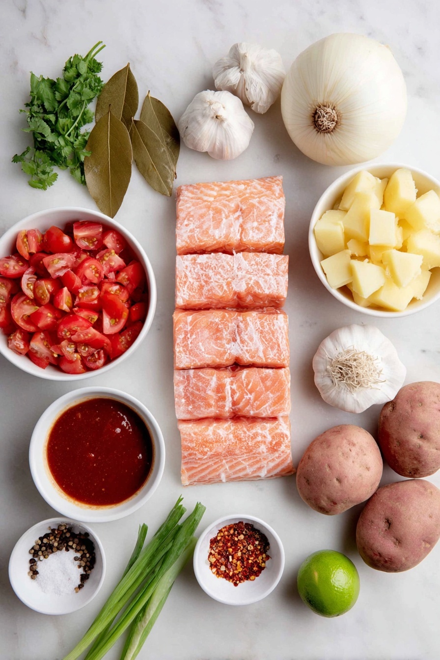 Flat lay of fresh coarsely chopped bright red tomatoes, a large whole white onion, five whole large garlic cloves with papery skins, two bay leaves, a small white ceramic bowl of deep red tomato paste, a small white ceramic bowl of vegetable broth, cubed raw pink salmon fillet, medium diced pale yellow potatoes, a small white ceramic bowl containing red pepper flakes, a small white ceramic bowl of ground black pepper, a whole fresh lime, a small bunch of leafy green cilantro sprigs, and three fresh green onion sprigs, all arranged symmetrically on a clean white marble surface, soft natural light, photo taken with an iPhone, professional food photography style, fresh ingredients, white ceramic bowls, no bottles, no duplicates, no utensils, no packaging --ar 2:3 --v 7 --p m7354615311229779997 - Cilantro Salmon Tomato Soup, healthy salmon soup, quick salmon soup recipe, flavorful salmon tomato broth, easy one-pot salmon soup