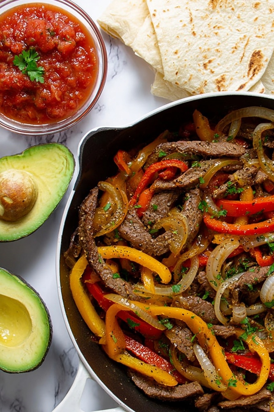 The image shows a white skillet filled with cooked strips of brown beef mixed with thin slices of red, yellow, and orange bell peppers and translucent white onion rings, all sprinkled with green parsley leaves and black pepper. To the left of the skillet, there is a glass bowl of red salsa, a halved avocado with its pit visible, and partially folded white tortillas resting on a white marbled surface. Photo taken with an iphone --ar 2:3 --v 7 - Best Beef Fajitas, beef fajitas recipe, flavorful beef fajitas, quick beef fajitas, easy beef fajitas