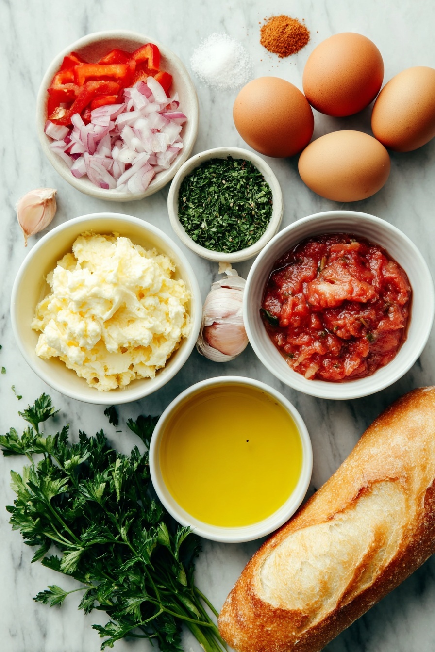 Flat lay of a small white ceramic bowl of golden olive oil, a small white ceramic bowl containing bright red tomato paste, a small white ceramic bowl filled with rich crushed tomatoes, a small white ceramic bowl with light golden chicken broth, a small white ceramic bowl holding a blend of vibrant paprika, cumin, black pepper, and cayenne pepper powders, a small white ceramic bowl of fine white salt, one small peeled red onion halved and sliced, one small red capsicum halved and sliced into strips, one ripe diced red tomato, one whole garlic clove minced and arranged nearby, four whole clean uncracked brown eggs, a small bunch of fresh roughly chopped green parsley, and two pieces of rustic crusty bread, all placed on a clean white marble surface, soft natural light, photo taken with an iPhone, professional food photography style, fresh ingredients, white ceramic bowls, no bottles, no duplicates, no utensils, no packaging --ar 2:3 --v 7 --p m7354615311229779997 - Cheesy Baked Eggs in Spiced Tomato Sauce, baked eggs with spicy tomato sauce, cheesy breakfast eggs, easy baked egg recipes, flavorful brunch egg dishes