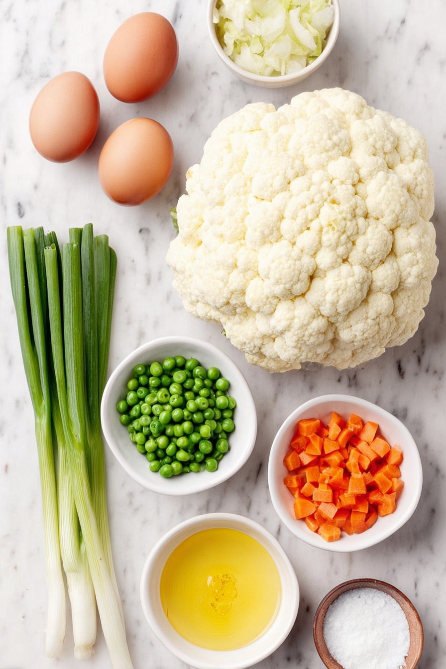 Flat lay of one medium head of fresh cauliflower broken into florets, two whole brown eggs with clean shells, a small white ceramic bowl with slightly beaten egg and egg whites, a small white bowl with golden sesame oil, half a small white onion diced finely, a small white bowl of frozen peas and diced carrots, two peeled garlic cloves minced, a small white bowl holding soy sauce, and five fresh scallions with whites and greens separated placed neatly in white ceramic bowls, arranged symmetrically and balanced, all ingredients fresh and natural, placed on a clean white marble surface, soft natural light, photo taken with an iPhone, professional food photography style, fresh ingredients, white ceramic bowls, no bottles, no duplicates, no utensils, no packaging --ar 2:3 --v 7 --p m7354615311229779997 - Cauliflower Fried Rice, healthy cauliflower fried rice, low-carb fried rice, veggie-filled cauliflower rice, quick cauliflower fried rice