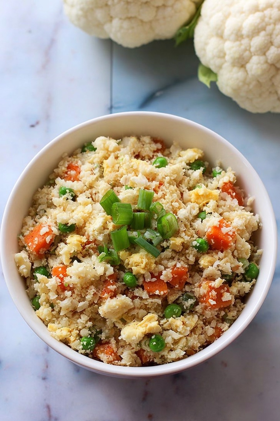 A white bowl filled with a mix of cauliflower rice, small cooked carrot pieces, green peas, and scrambled eggs, all evenly mixed. The cauliflower rice forms the base layer with a light beige color and grainy texture. Bright green chopped green onions are sprinkled on top, adding a fresh pop of color. The bowl sits on a white marbled surface with two small cauliflower heads slightly blurred in the background. photo taken with an iphone --ar 2:3 --v 7 - Cauliflower Fried Rice, healthy cauliflower fried rice, low-carb fried rice, veggie-filled cauliflower rice, quick cauliflower fried rice