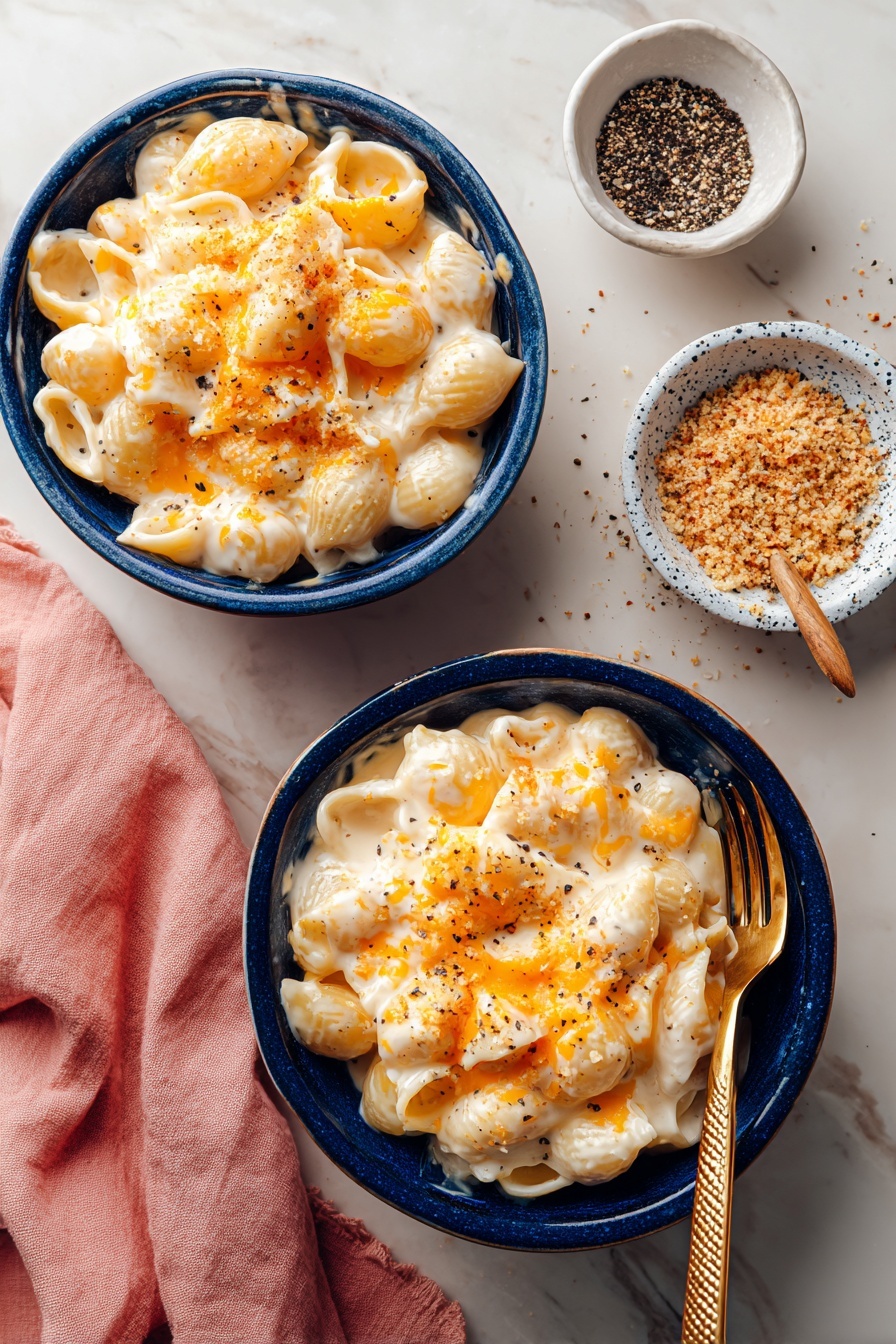 The image shows two white bowls with a deep blue inside, each filled with creamy macaroni and cheese made from shell pasta coated in a smooth white cheese sauce with patches of melted bright orange cheese on top. The cheese sauce is thick and glossy, slightly pooling around the pasta. A gold fork with a textured handle rests inside the main bowl on the right side. The bowls sit on a white marbled surface with a pink cloth napkin folded beside the main bowl. To the top right, there is a white bowl with blue speckles filled with golden-brown breadcrumbs and a gold spoon resting in it, while a small white bowl filled with coarse black pepper is in the top left. Some black pepper is scattered on the surface around the bowls. Photo taken with an iphone --ar 2:3 --v 7 - Cheesy Spinach Lasagna, vegetarian lasagna recipe, cheesy spinach lasagna, healthy lasagna ideas, easy baked spinach lasagna