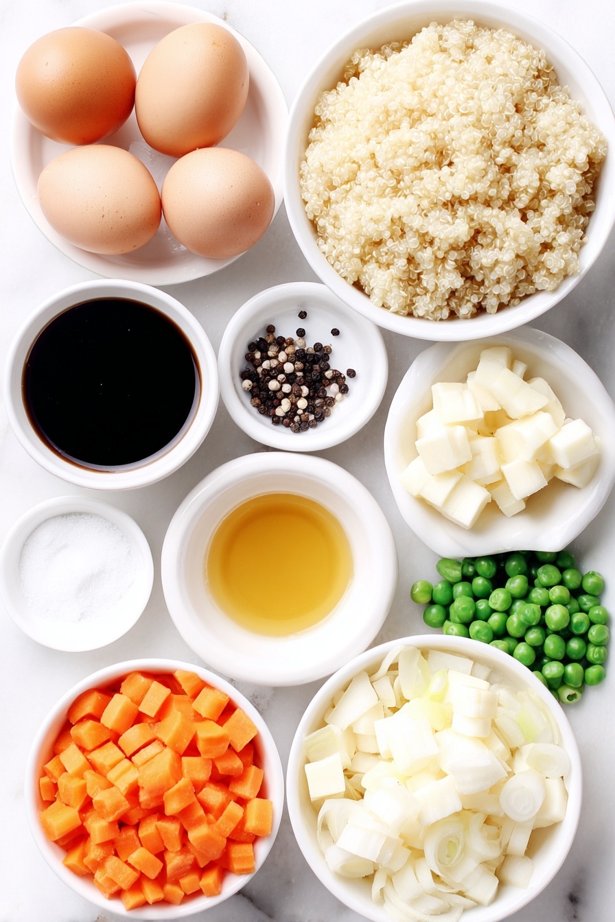 Flat lay of a small mound of fluffy cooked quinoa, two brown whole eggs, a few peeled and diced bright orange carrots, a small diced white onion, a small handful of fresh green peas, three peeled garlic cloves, a small bunch of thinly sliced green onions, a small white bowl of dark soy sauce, a small white bowl of amber oyster sauce, a small white bowl of golden toasted sesame oil, a few small pats of creamy butter, salt and black peppercorns scattered neatly, all arranged symmetrically on simple white ceramic bowls and plates, placed on a clean white marble surface, soft natural light, photo taken with an iPhone, professional food photography style, fresh ingredients, white ceramic bowls, no bottles, no duplicates, no utensils, no packaging --ar 2:3 --v 7 --p m7354615311229779997 - Quinoa Fried Rice, healthy fried rice with quinoa, quick quinoa rice recipe, protein-packed vegetarian stir-fry, easy quinoa dinner