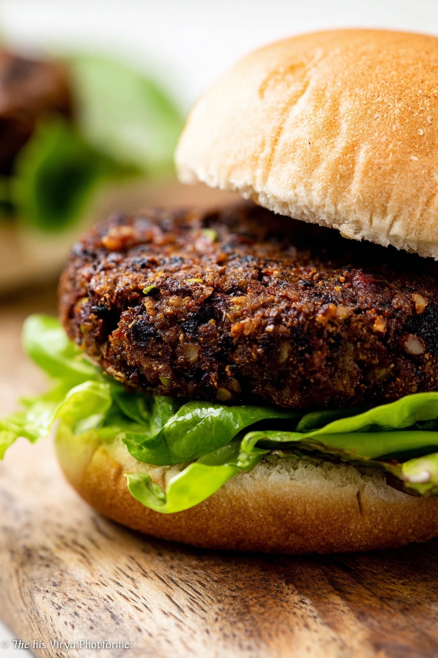 A close-up image shows a thick, dark brown veggie patty with a rough, toasted texture, sitting on a bed of bright green, crinkled lettuce leaves. The patty rests on the bottom half of a light, soft bun, all placed on a wooden surface replaced with white marbled texture. The background is bright and blurred, focusing attention on the patty’s charred and crumbly outer layer photo taken with an iphone --ar 2:3 --v 7 - Best Black Bean Burgers, black bean burger recipe, healthy veggie burgers, vegetarian burger ideas, smoky spicy bean patties