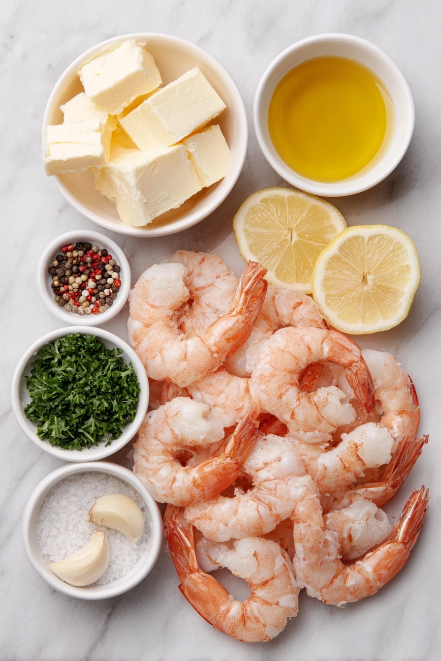 Flat lay of large raw shrimp with shells peeled and tails on, a small white bowl of unsalted butter chunks, a small white bowl of extra virgin olive oil, four whole garlic cloves, a small white bowl with red pepper flakes, a small white bowl of dry white wine, a small white bowl of fresh lemon juice, a small white bowl of chopped fresh parsley, two lemon wedges, coarse salt crystals, and black peppercorns scattered neatly, all arranged symmetrically on a clean white marble surface, soft natural light, photo taken with an iPhone, professional food photography style, fresh ingredients, white ceramic bowls, no bottles, no duplicates, no utensils, no packaging --ar 2:3 --v 7 --p m7354615311229779997 - Easy Shrimp Scampi with Garlic and White Wine, shrimp scampi, garlic shrimp recipe, quick seafood dinner, white wine shrimp pasta