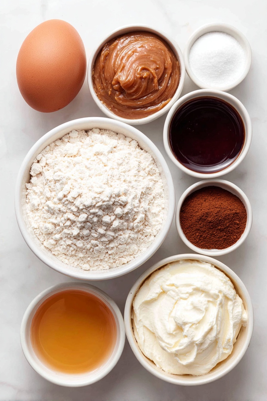 Flat lay of a single whole brown egg with a clean shell, a small white ceramic bowl of smooth light brown almond butter, a small white ceramic bowl filled with creamy off-white plain cream cheese, a small white ceramic bowl of glossy golden maple syrup, a small white ceramic bowl of light golden applesauce, a small white ceramic bowl of pale almond milk, a small white ceramic bowl containing fine white oat flour, a small white ceramic bowl with fine white gluten free all-purpose baking flour, a small white ceramic bowl of warm brown cinnamon powder, a small white ceramic bowl of fine white powdered sugar, a small white ceramic bowl of pale vanilla extract liquid, a small white ceramic bowl with white baking powder powder, and a small white ceramic bowl with fine white salt, all ingredients arranged with perfect symmetry, balanced proportions, placed on a clean white marble surface, soft natural light, photo taken with an iPhone, professional food photography style, fresh ingredients, white ceramic bowls, no bottles, no duplicates, no utensils, no packaging --ar 2:3 --v 7 --p m7354615311229779997 - Vegan Cinnamon Swirl Pancakes, gluten-free vegan breakfast, plant-based cinnamon pancakes, healthy cinnamon pancake recipe, vegan breakfast ideas