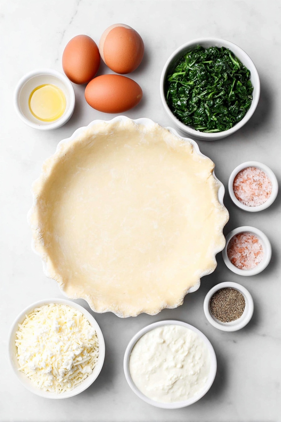 Flat lay of a rolled out 9-inch pie dough on a simple white ceramic plate, a small white bowl of golden olive oil, one small peeled whole onion, a white ceramic bowl filled with bright green chopped fresh spinach, four whole uncracked brown eggs, a small white bowl of creamy half & half, a small heap of coarse pink sea salt, a small white bowl with ground black pepper, a small white bowl with ground nutmeg powder, a small white ceramic bowl with crumbly white feta cheese, a small white ceramic bowl with shredded white cheddar cheese, all arranged in perfect symmetry, placed on a clean white marble surface, soft natural light, photo taken with an iPhone, professional food photography style, fresh ingredients, white ceramic bowls, no bottles, no duplicates, no utensils, no packaging --ar 2:3 --v 7 --p m7354615311229779997 - Spinach Feta Quiche, savory spinach quiche, easy brunch recipes, vegetarian quiche, flaky crust quiche