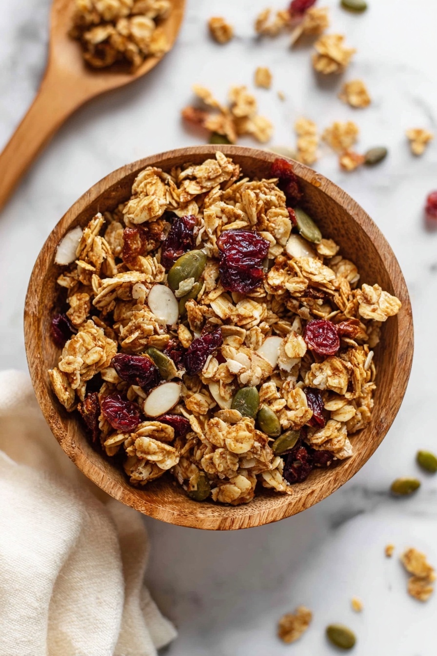 A wooden bowl holds a mix of cluster granola with a rough texture, showing layers of golden oats, pale almond slices, dark red dried cranberries, and green pumpkin seeds all mixed together. The bowl is placed on a white marbled surface scattered with some granola pieces. A wooden spoon is partly seen at the top left corner, and a cream-colored cloth is laid nearby. The granola's colors contrast nicely with the simple background, making the mix look fresh and crunchy photo taken with an iphone --ar 2:3 --v 7 - Homemade Granola Clusters, crunchy granola clusters, healthy snack ideas, homemade granola recipe, easy granola clusters