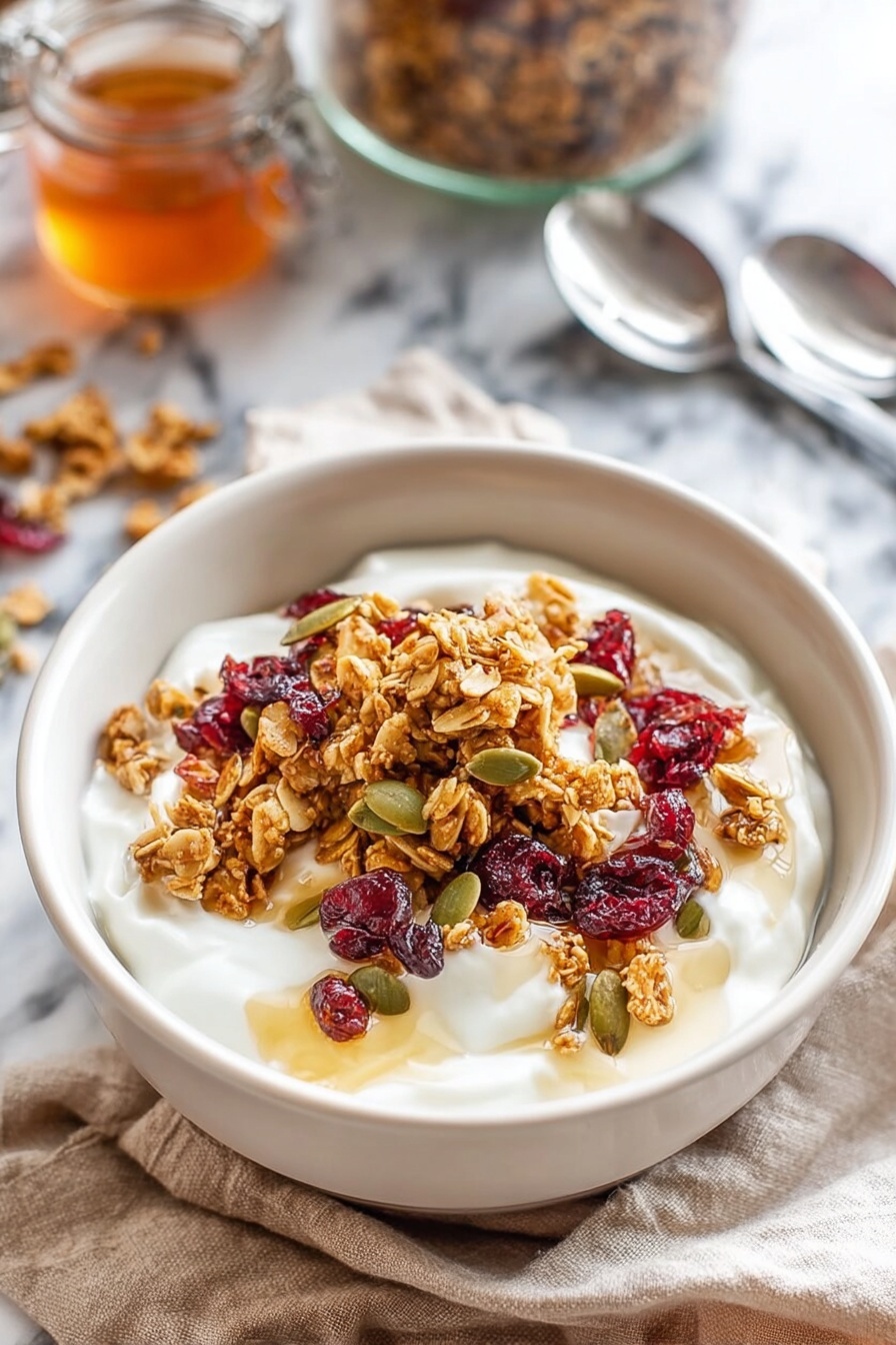 A white bowl filled with a thick layer of creamy white yogurt as the base, topped with a generous layer of golden-brown granola mixed with scattered dried red cranberries and green pumpkin seeds. The granola pieces have a slightly rough and chunky texture with a light drizzle of honey adding a shiny, amber glaze over the top. The bowl sits on a white marbled surface with a glass jar of granola and a glass of honey blurred softly in the background. Two silver spoons rest nearby on a beige cloth napkin. photo taken with an iphone --ar 2:3 --v 7 - Homemade Granola Clusters, crunchy granola clusters, healthy snack ideas, homemade granola recipe, easy granola clusters