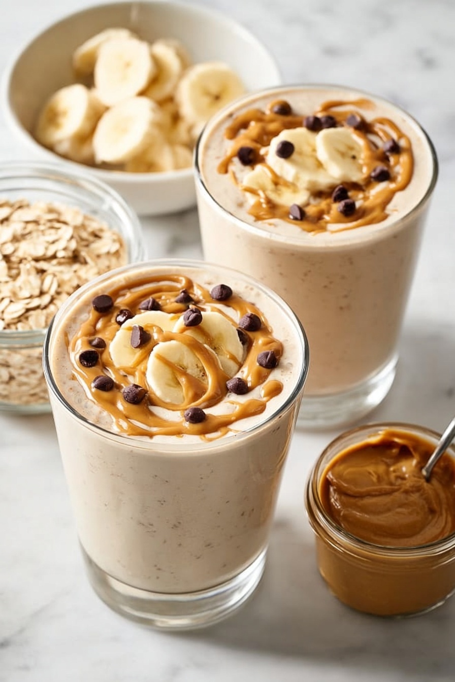 Two clear glasses filled with a creamy light beige smoothie, each topped with slices of banana arranged in the center. A swirl of light brown peanut butter is drizzled over the top, creating a textured, wavy pattern. Small dark chocolate chips are scattered across the surface of the smoothie around the banana slices. In the background, a white bowl holds additional banana slices, and a glass jar filled with light brown oatmeal sits beside them. A small glass container of creamy peanut butter is positioned in the foreground. All items are placed on a white marbled surface. Photo taken with an iphone --ar 2:3 --v 7 - Peanut Butter Banana Smoothie, healthy smoothie recipes, quick breakfast drinks, energy-boosting smoothies, creamy banana peanut butter blend