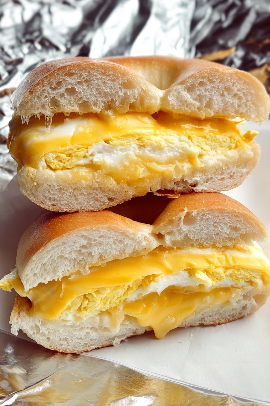 The image shows a sandwich cut in half, stacked one above the other. Each half has two layers of soft, light beige bagel bread which look thick and fluffy. Between the bagel layers, there is a creamy, melted bright yellow cheese layer that spreads unevenly, mixing with a soft white egg layer beneath it. The cheese appears smooth and slightly shiny, oozing out a little from the sides. The sandwich is placed on white paper resting on a shiny silver foil surface, giving a reflective look to the background. Photo taken with an iphone --ar 2:3 --v 7 - Microwave Egg and Cheese Breakfast Sandwich, quick breakfast sandwich, easy microwave breakfast, fast morning breakfast, healthy breakfast ideas