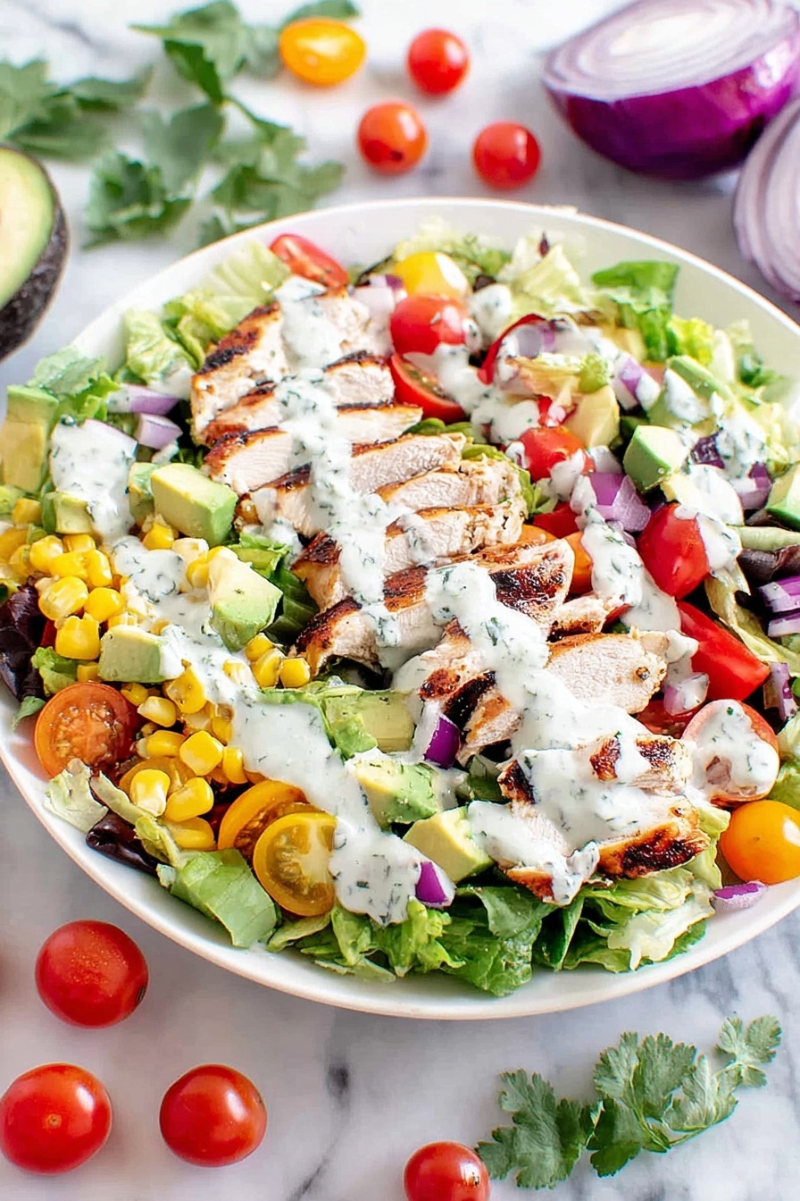 A white plate filled with a colorful salad showing three main layers: the bottom layer is made of bright green lettuce leaves with a fresh texture; the middle layer consists of diced yellow corn, green avocado chunks, red and yellow cherry tomato halves, and small pieces of purple onion scattered evenly; the top layer has grilled chicken slices with a light brown sear on the edges placed spread around the salad, all drizzled with a creamy white dressing dotted with small herb pieces. The plate sits on a white marbled surface with scattered cherry tomatoes, leafy herbs, and onion layers around. Photo taken with an iphone --ar 2:3 --v 7 - Healthy Chicken Cobb Salad with Buttermilk Ranch, chicken cobb salad, healthy salad recipes, easy chicken salad, homemade ranch dressing