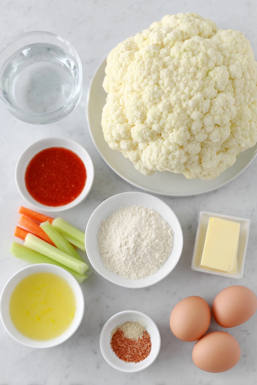 Flat lay of a large fresh head of cauliflower cut into florets, a small mound of all-purpose flour on a white ceramic plate, a small white ceramic bowl filled with clear water, a small white ceramic bowl with bright orange-red hot sauce, a few sticks of bright orange carrots, a few crisp green celery sticks, a small pat of melted yellow butter on a white ceramic dish, a small white ceramic bowl containing smooth ranch or blue cheese dressing, a small white bowl with vibrant yellow lemon juice, a small white bowl holding a mixture of garlic powder, paprika, salt, and black pepper powders arranged separately but neatly, two whole brown eggs with clean shells on a white ceramic plate placed on a clean white marble surface, soft natural light, photo taken with an iPhone, professional food photography style, fresh ingredients, white ceramic bowls, no bottles, no duplicates, no utensils, no packaging --ar 2:3 --v 7 --p m7354615311229779997 - Spicy Buffalo Cauliflower Bites, healthy cauliflower snacks, vegan buffalo wings, easy cauliflower appetizer, spicy vegetarian chicken alternative